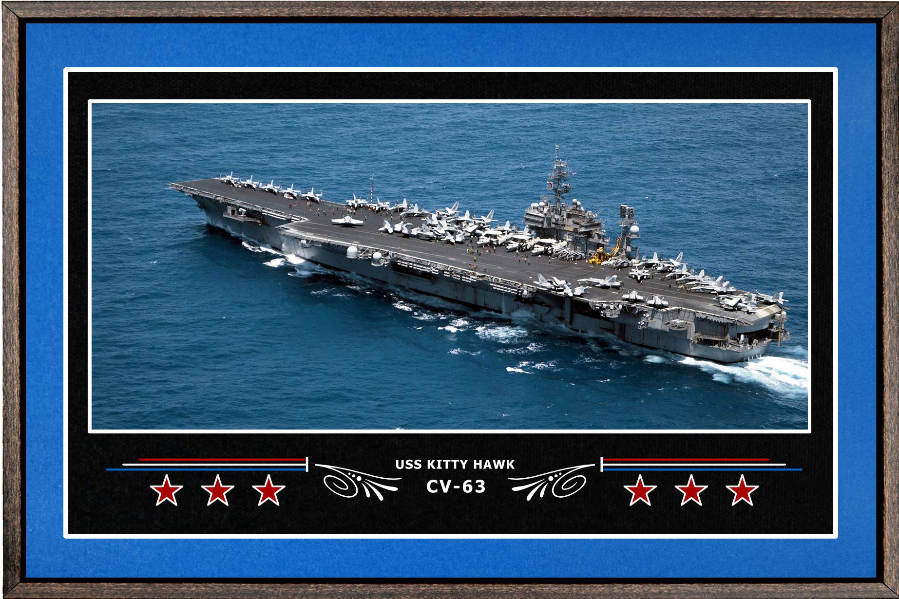 USS Kitty Hawk CV-63 Navy Ship Box Framed Canvas Wall Art - Blue & White Military Decor for Living Room, Office, or Man Cave