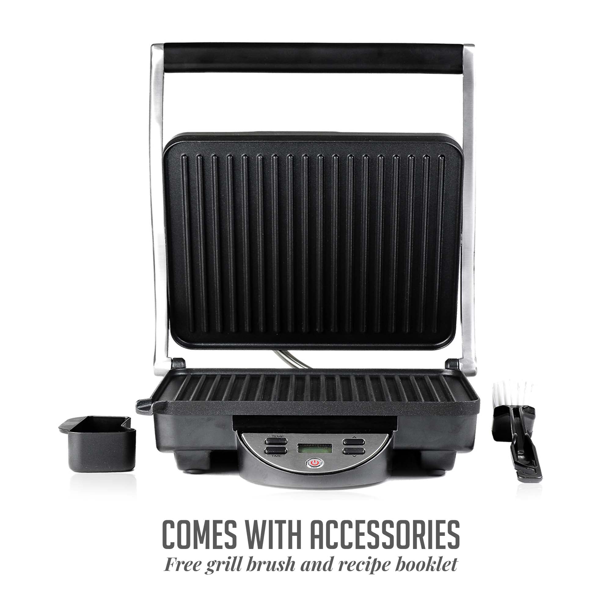 OVENTE 1500W Electric Panini Press Sandwich Maker - Nonstick Indoor Grill with Digital Timer & Temperature Control, Removable Drip Tray - Perfect for 4-Slice Sandwiches, Burgers & Breakfast - Ideal for Home, Office & Camping (Silver GP1000BR)