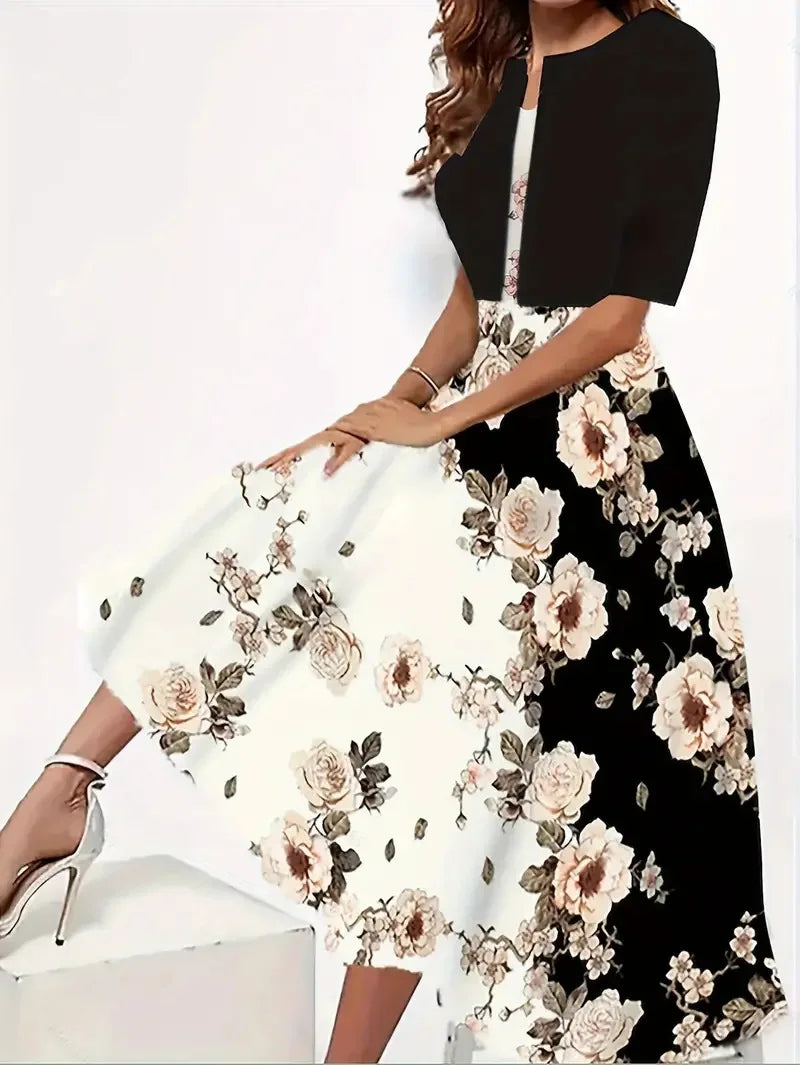 2025 Autumn Women's Long Sleeve Printed Dress with Short Cardigan Set - Casual Office Wear & Fall Outfits for Women