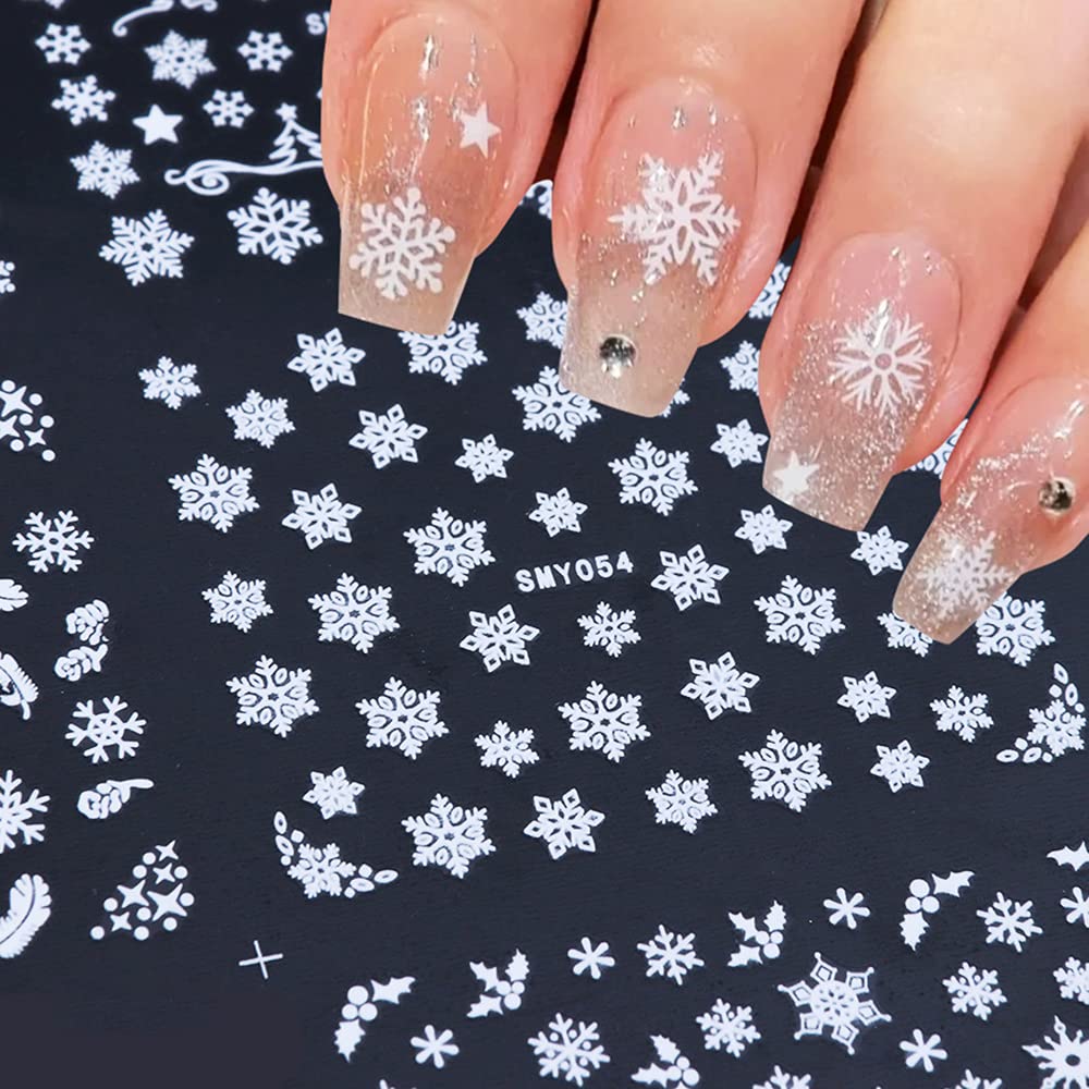 12 Sheets Snowflake Nail Art Stickers - 3D Self-Adhesive Christmas Nail Decals for Women & Girls - Winter Holiday Nail Designs - Perfect for Christmas Parties, Festive Nail Decorations, and Seasonal Manicures (White)