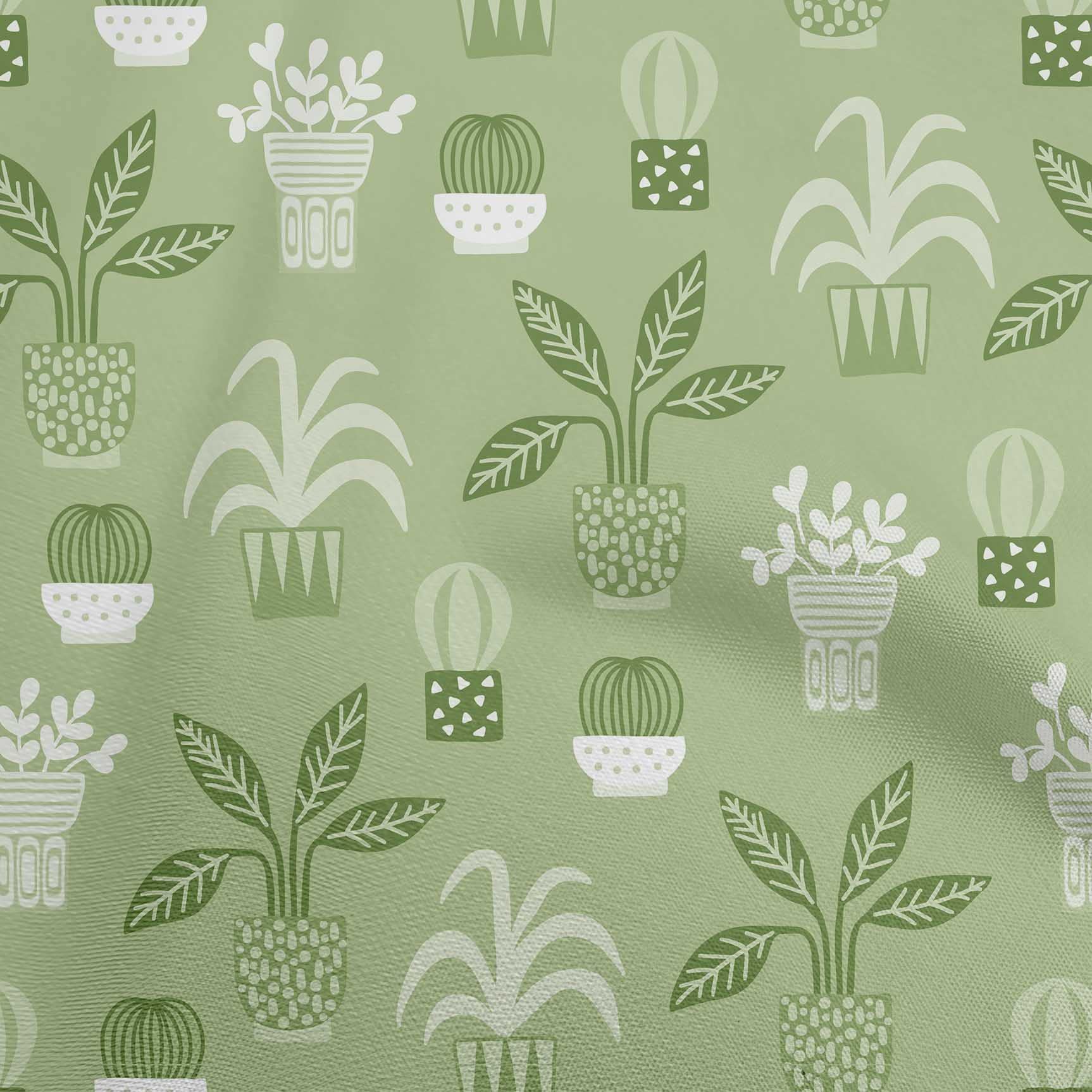 oneOone Cotton Poplin Green Fabric with Flower Pots Motif - 56 Inch Wide Printed DIY Sewing Material for Clothing, Quilting & Home Decor Projects | Perfect for Dresses, Curtains & Crafting