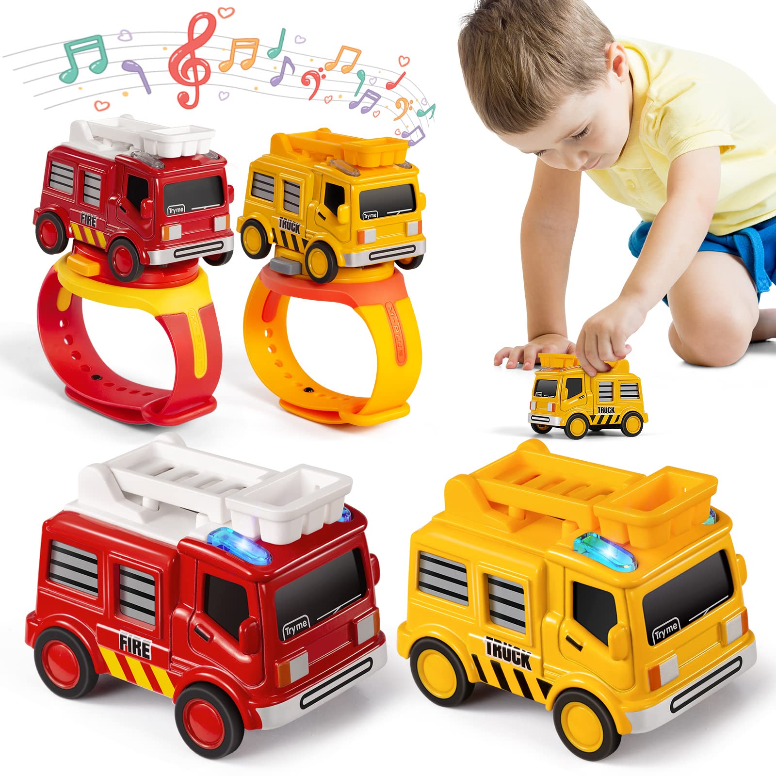 TEMI 2-in-1 Pull Back Car Toys for Kids Ages 3-7 - Fire Truck & Engineering Vehicle Toy Set for Toddler Boys & Girls - Best Christmas Birthday Gifts for Children - Perfect for Pretend Play, Learning & Indoor/Outdoor Fun