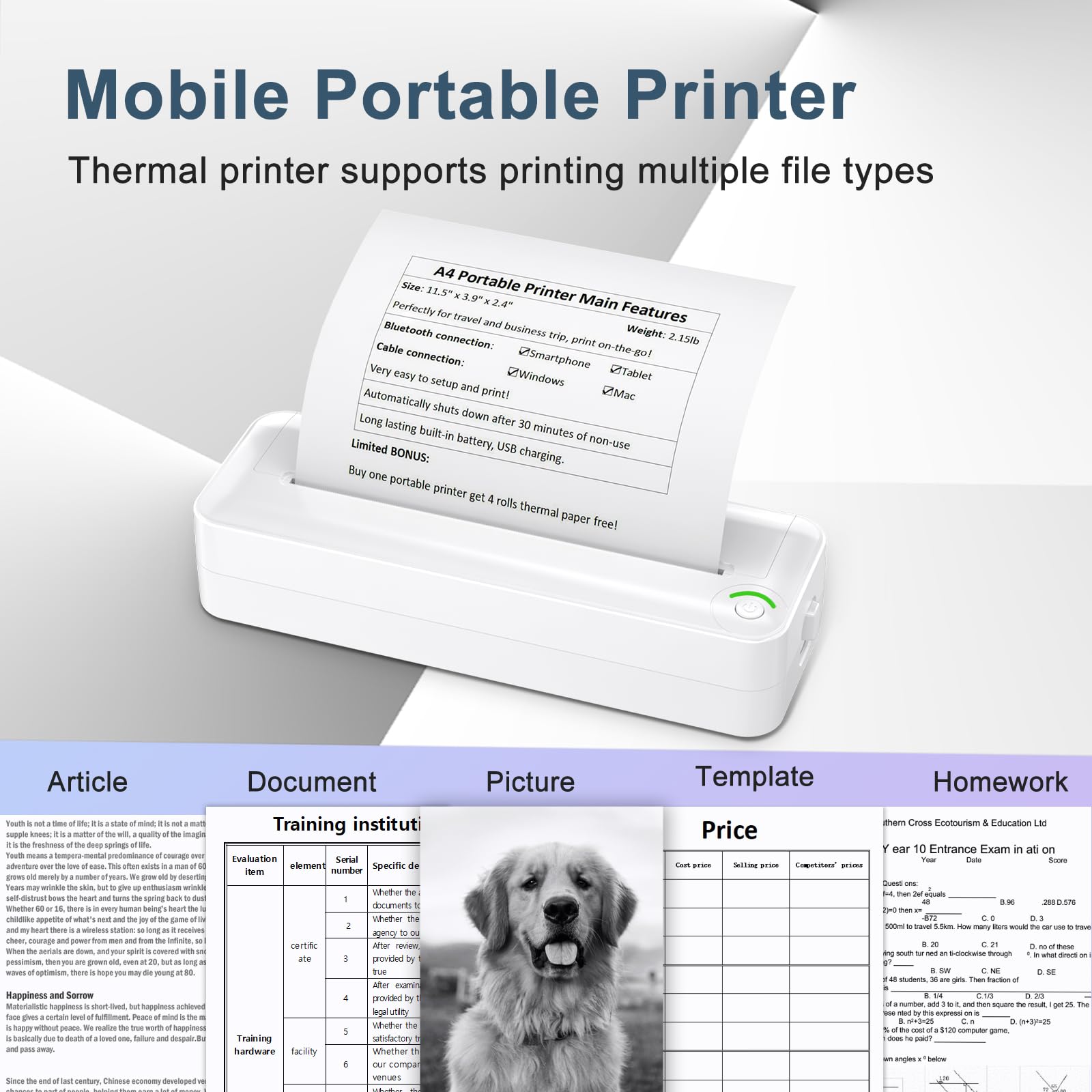 Wireless Portable Thermal Printer for Travel - Inkless Mobile Printer Compatible with iOS, Android & Laptop, Supports A4 Transfer Paper - Perfect for Home, School, Office & Vehicle Use