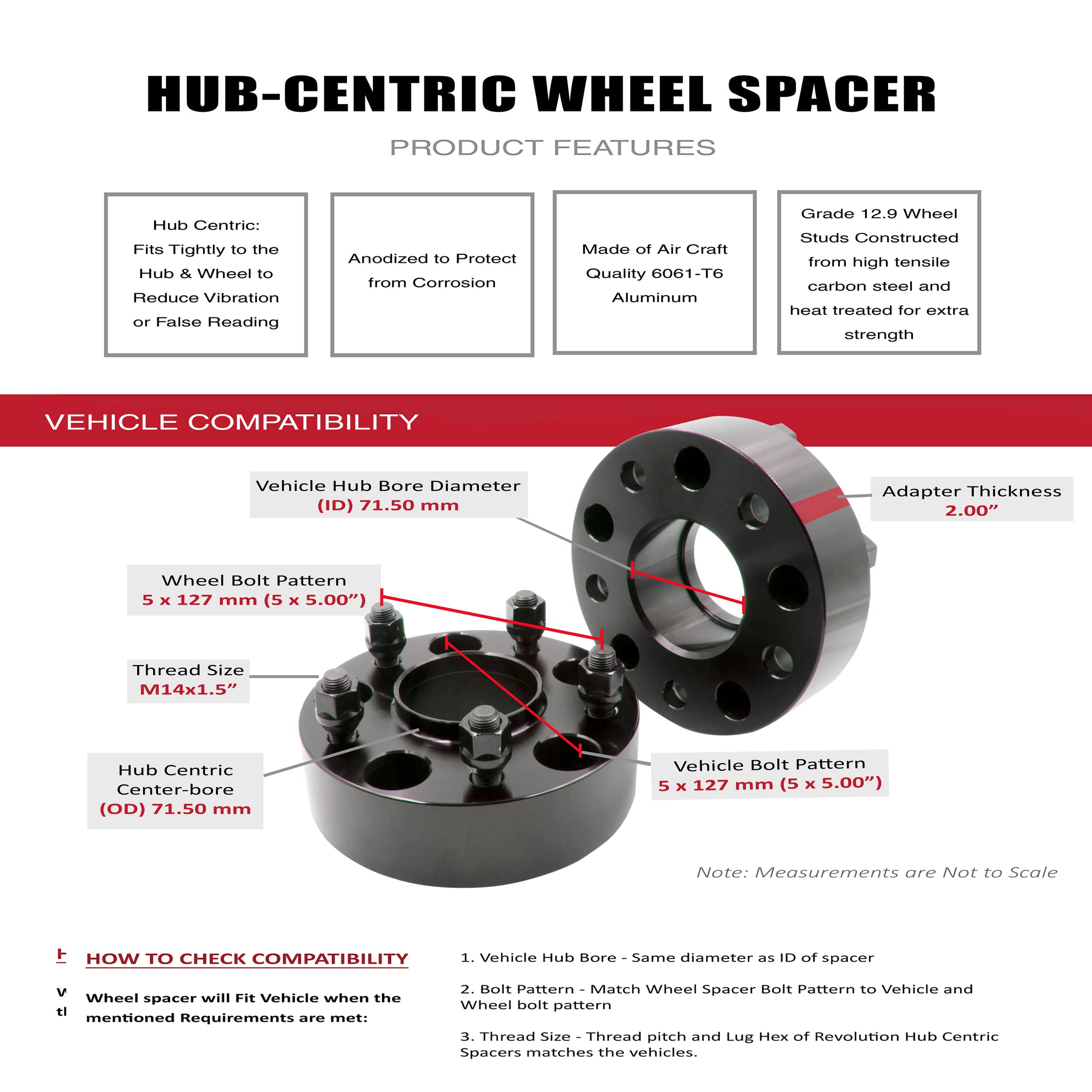5x5 5x127 2 Inch Hubcentric Wheel Spacers (4-Pack) - M14x1.5 Thread Stud - Fits Jeep Gladiator, Grand Cherokee 2011+, Wrangler 2018+ | Off-Roading, Truck Customization & Performance Upgrade Accessories