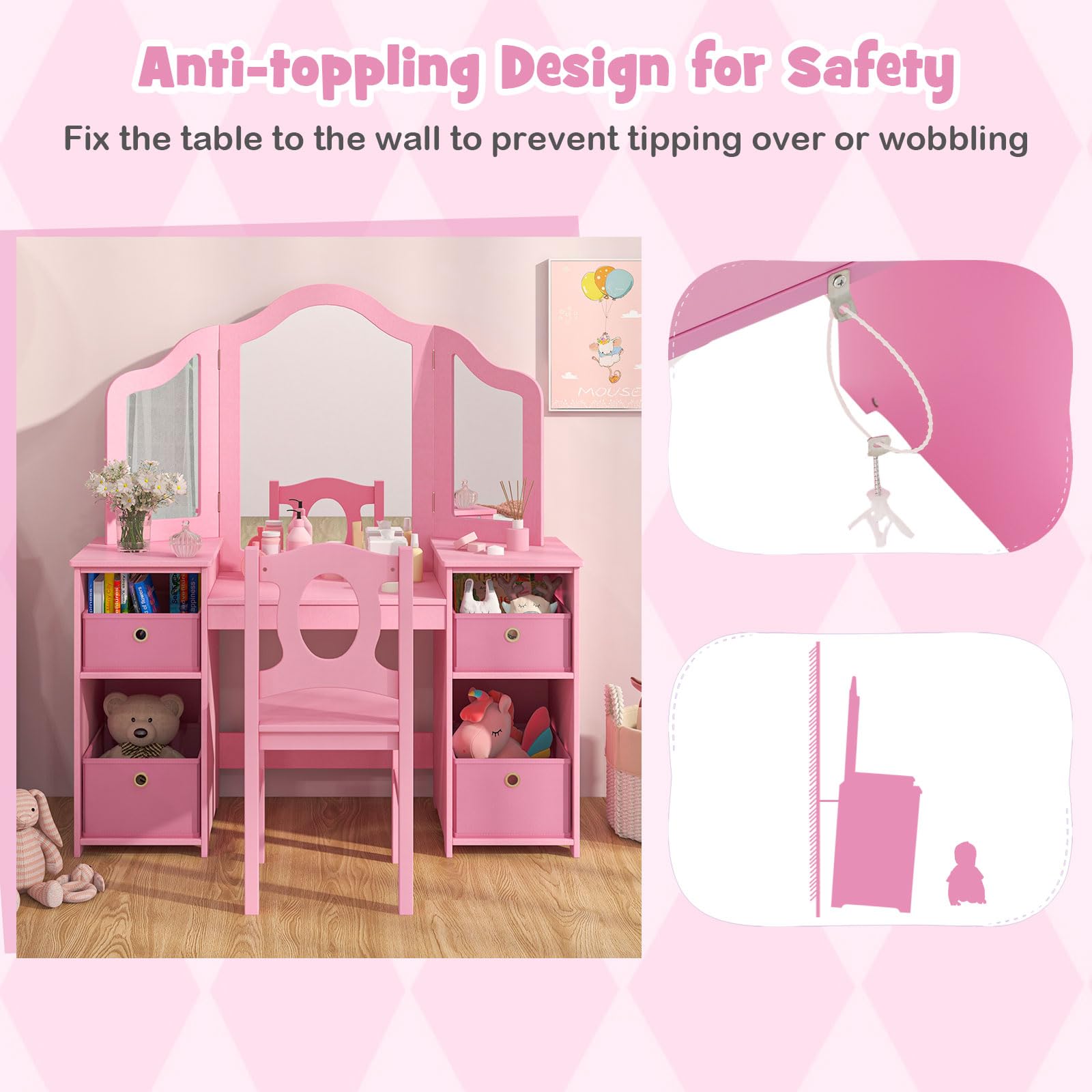 INFANS Kids Vanity Set - 2-in-1 Princess Makeup Desk & Chair with 4 Drawers, Tri-Folding Mirror & Large Storage | Wooden Dressing Table for Toddler Girls | Perfect for Pretend Play, Birthday Gifts & Bedroom Decor