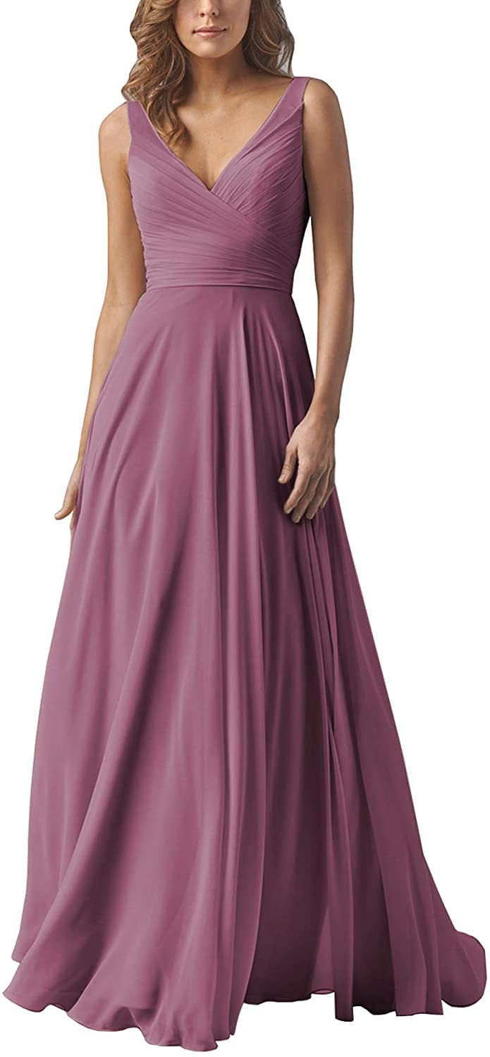 REVDRYE A-Line Chiffon Bridesmaid Dresses with Double V-Neck & Ruched Detail - Elegant Formal Evening Gowns for Women & Juniors - Perfect for Weddings, Proms, Parties & Special Occasions