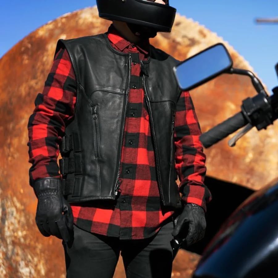 First Mfg Co Commando Men's Motorcycle Biker Leather Vest - Premium Black Riding Vest for Harley Davidson & Cruiser Bikers - Perfect for Motorcycle Clubs, Road Trips & Casual Wear