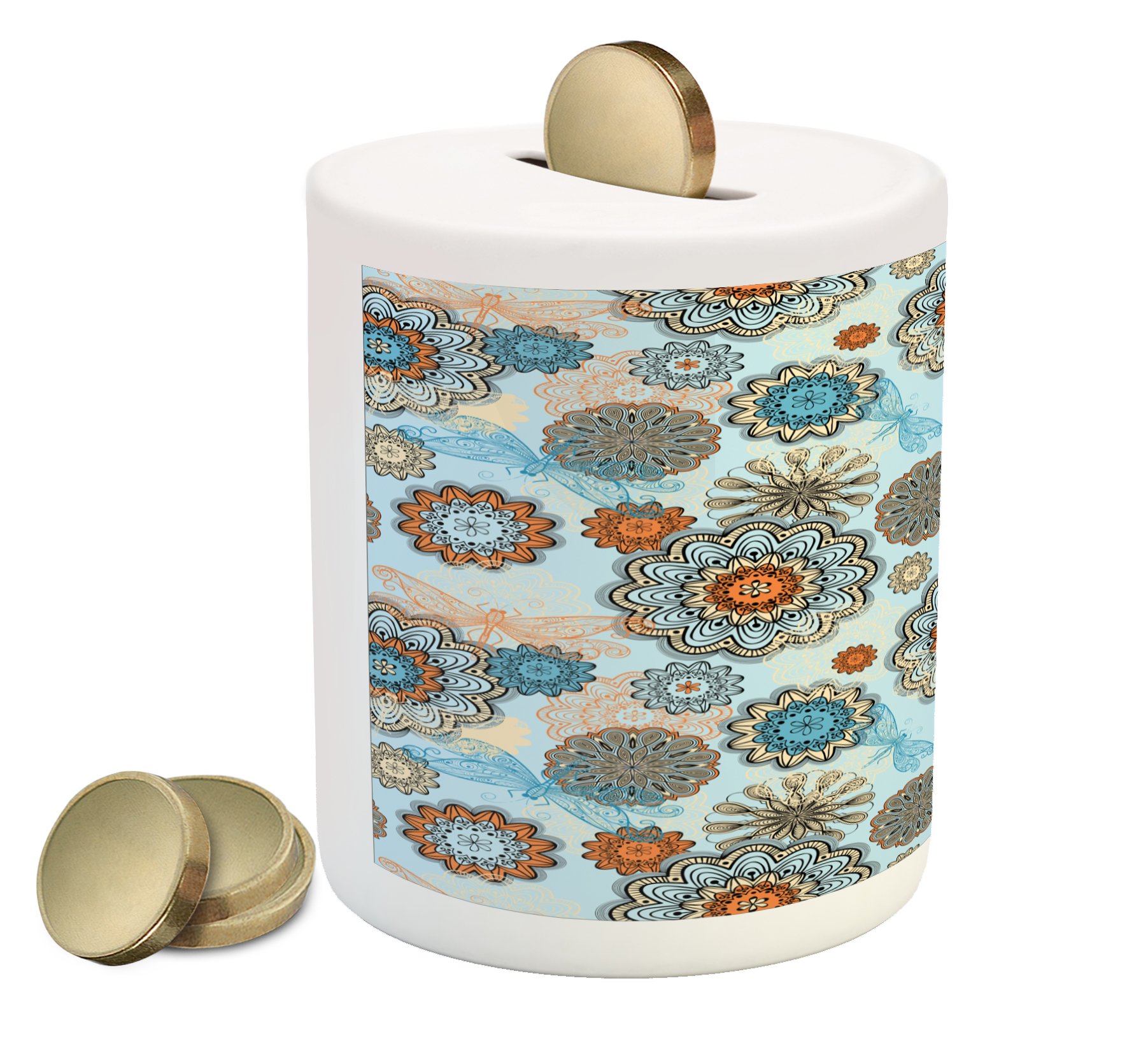 Ambesonne Ceramic Piggy Bank - Abstract Symmetric Flowers & Dragonflies Design, Summer Themed Money Box for Cash Saving (3.6