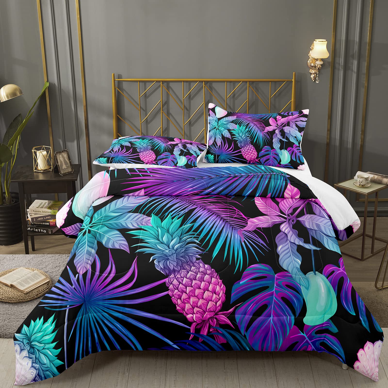 Bodhi Colorful Pineapple Comforter Set - Twin Size Soft Microfiber Bedding with Pillowcases (1 Comforter + 1 Pillow Shams) - Tropical Fruit Themed Bedroom Decor for Kids & Teens Rooms #4003