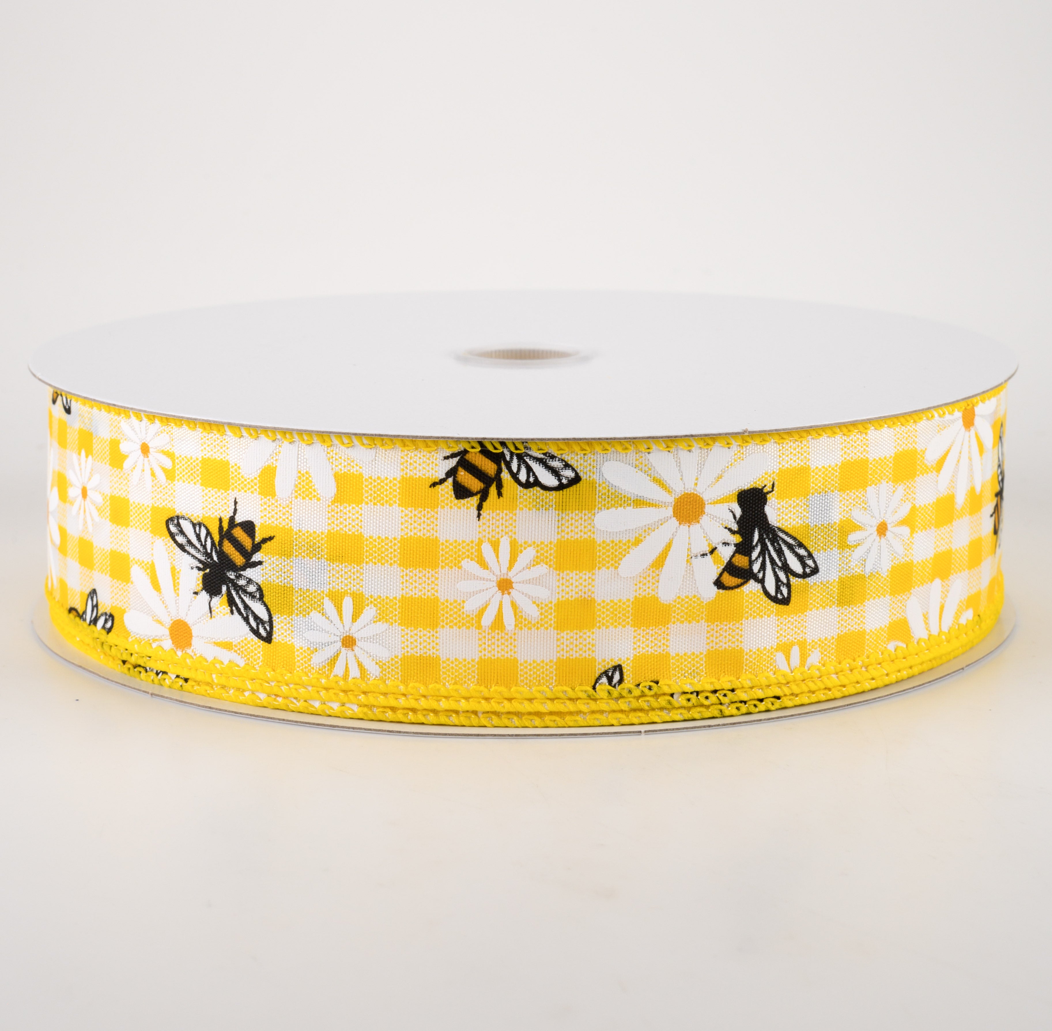 1.5 Inch Daisies & Bees Ribbon - Yellow & White Gingham Checked Craft Ribbon (50 Yards) for DIY Gift Wrapping, Scrapbooking & Party Decorations
