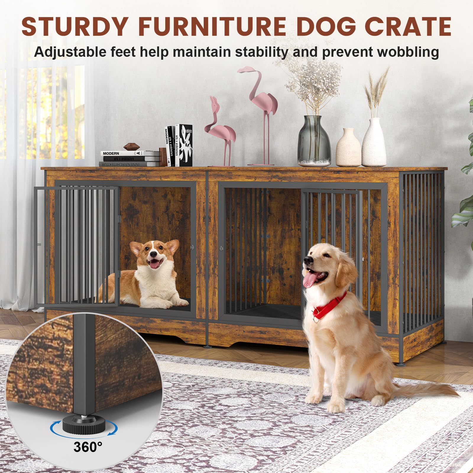 75 Inch 3-in-1 Double Dog Crate Furniture for 2 Large Dogs - Rustic Brown Durable TV Stand with Removable Trays & Divider - Perfect for Living Room, Bedroom or Home Office Pet Space