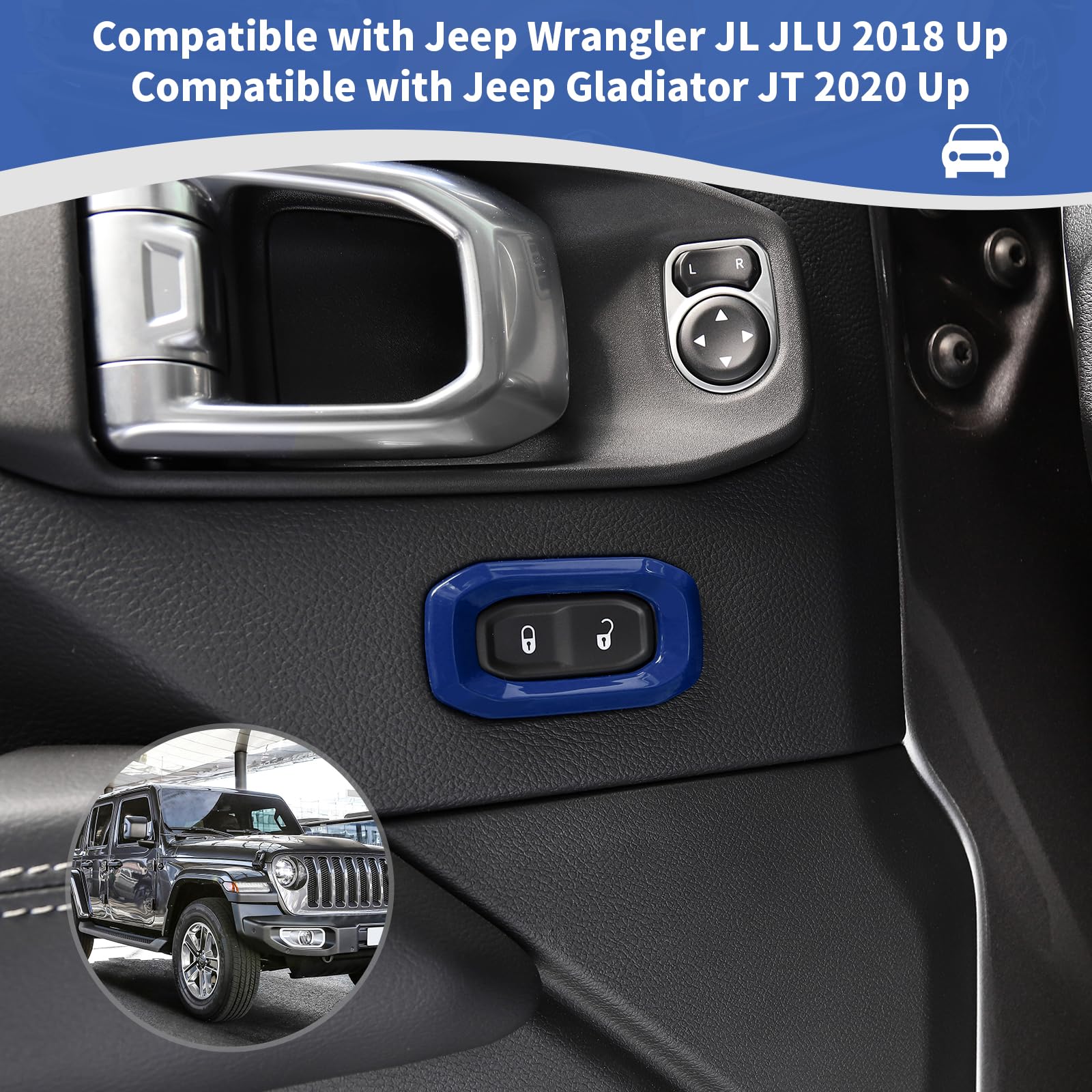 Jeep Wrangler JL JLU & Gladiator JT Door Lock Switch Button Trim Cover (2018-2024) - Blue Interior Accessories (2pcs) | Premium Upgrade for Enhanced Style & Protection | Perfect for Off-Roading & Daily Driving