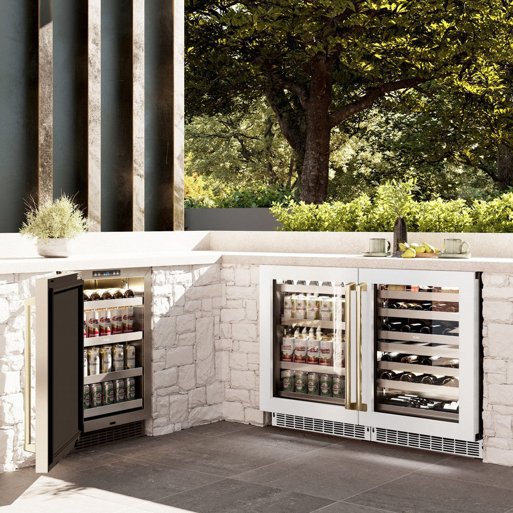 ZLINE Autograph Edition 24 Inch Dual Zone Wine Cooler - 44 Bottle Capacity, White Matte Glass Door & Champagne Bronze Handle - Perfect for Home Bars, Restaurants, and Wine Cellars (RWDOZ WM 24 CB)