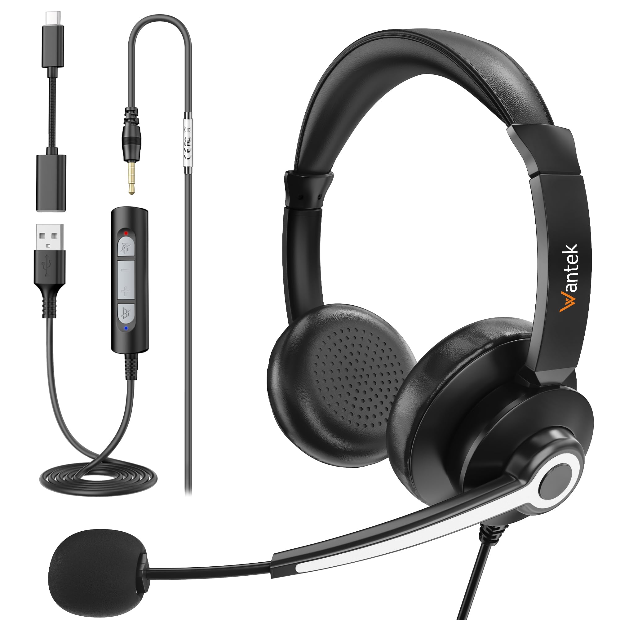 Wantek USB Computer Headset with Noise Cancelling Microphone - Wired PC Headset for Work, Office, Zoom, Teams, iPhone & Samsung - Volume Control & Comfortable Ear Cushions - Perfect for Remote Work, Online Meetings & Gaming