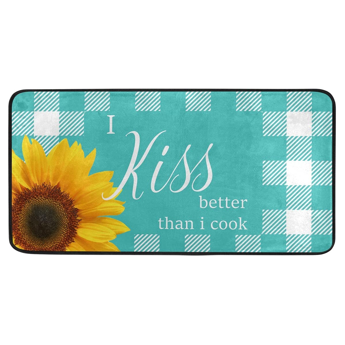 Teal Plaid Sunflower Non-Slip Kitchen Rug - Washable Buffalo Check Anti-Fatigue Floor Mat for Kitchen - Perfect for Cooking, Dishwashing & Standing Comfort