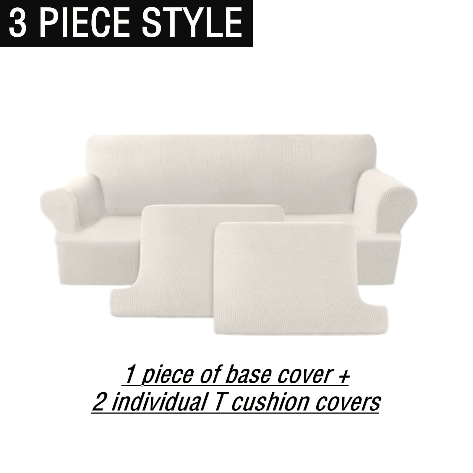 3 Piece T-Cushion Sofa Slipcovers - Thick Stretchable Couch Cover Furniture Protector for 2-Cushion Loveseat with Washable Removable Covers (White) - Perfect for Living Room, Apartment & Home Decor Protection