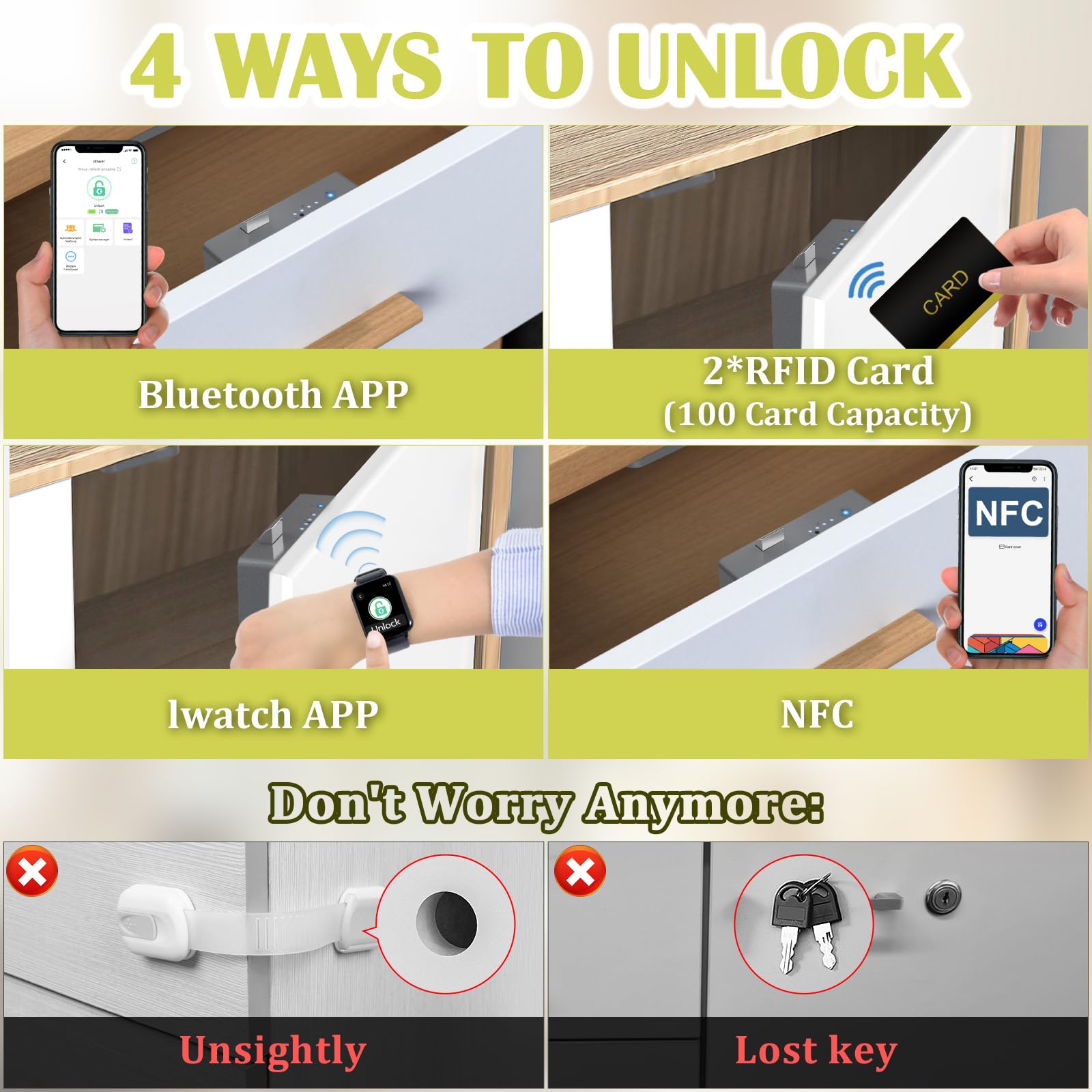 Eseesmart Smart Cabinet Lock - Keyless RFID & Bluetooth Electronic Drawer Lock for Child Safety, Baby Proofing, Liquor Cabinet, Dresser, Desk - Secure Your Home & Office Storage