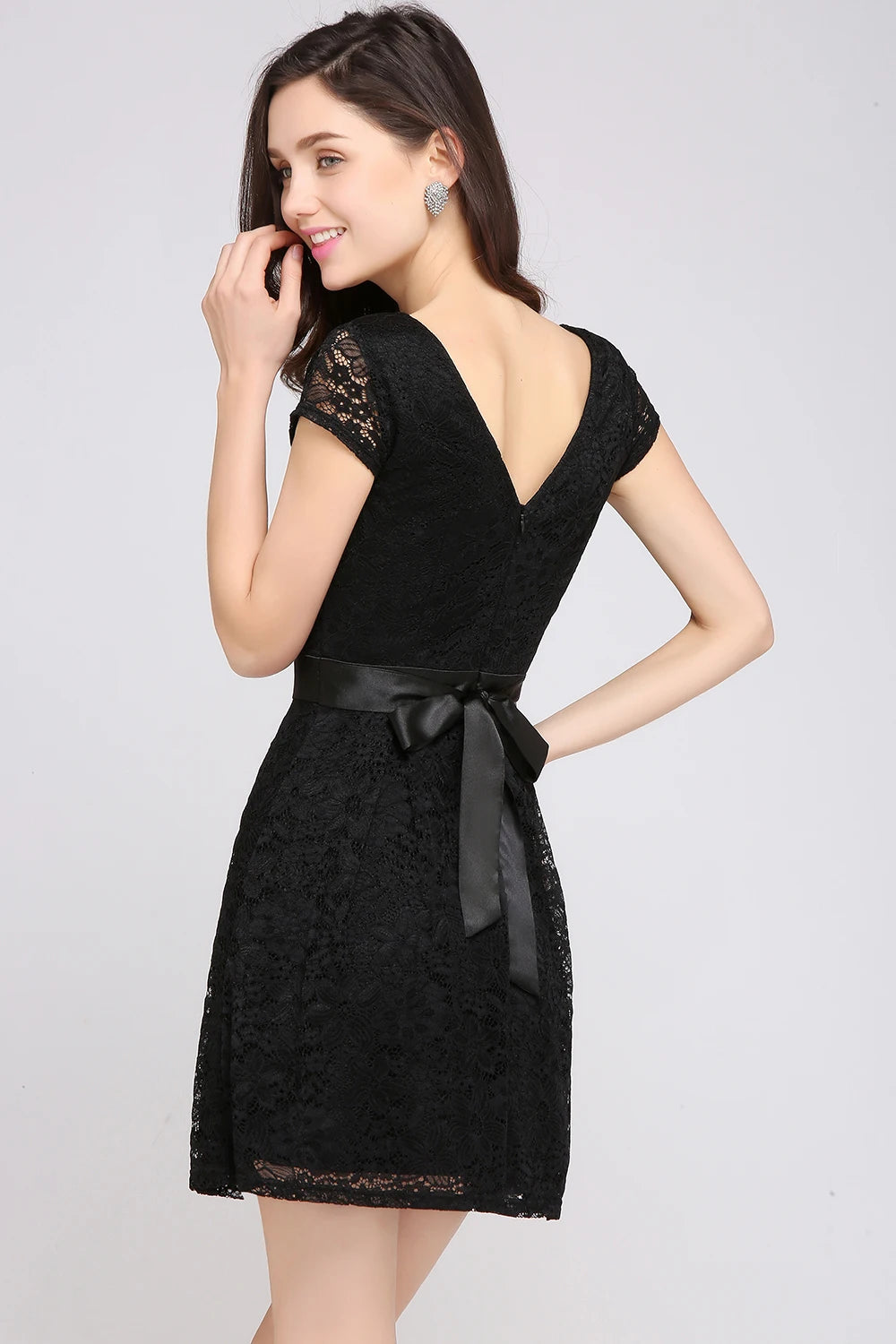 Elegant Black Lace Cocktail Dress with Belt - Mini A-Line V-Back Party Gown for Women | Perfect for Evening Parties, Weddings & Special Occasions