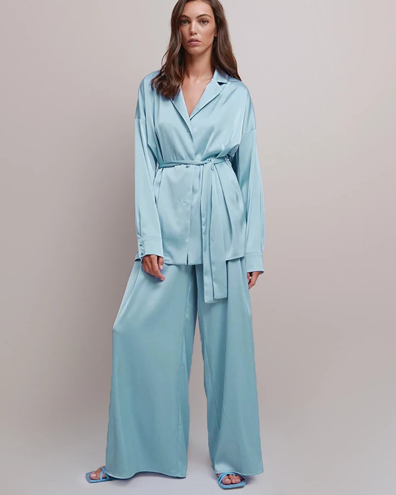 Luxury Oversized Silk Pajama Set for Women with Adjustable Belt - Soft Comfortable Sleepwear for Nighttime Relaxation & Spa Days
