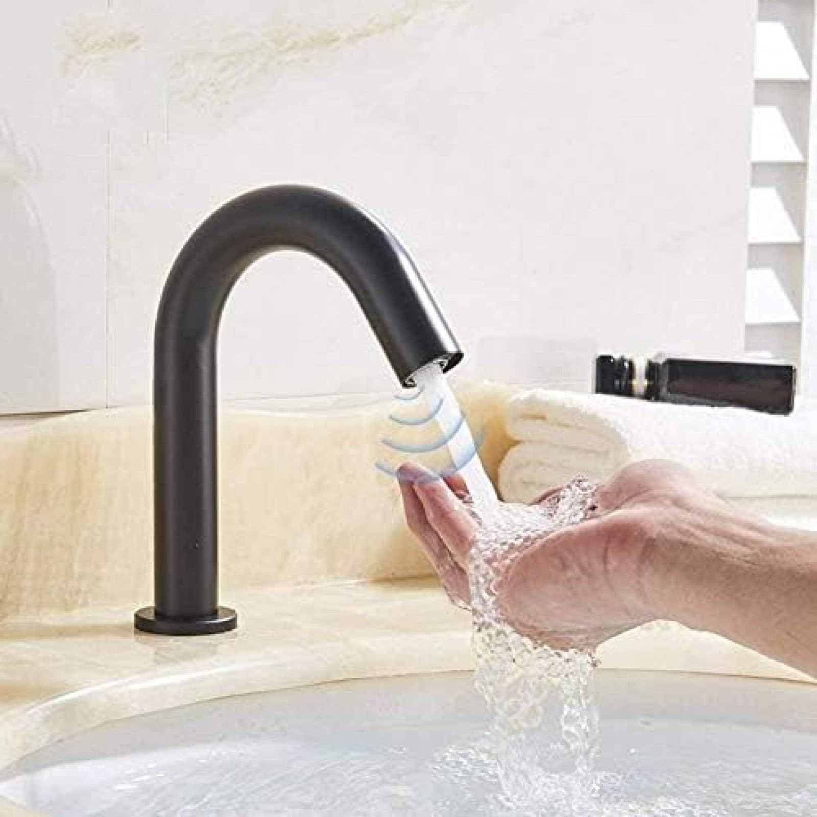CRJUS Black Sensor Kitchen Tap Faucet - Automatic Hot & Cold Water Basin Faucet, Battery Powered, Deck Mount Sink Faucet for Modern Kitchens and Bathrooms