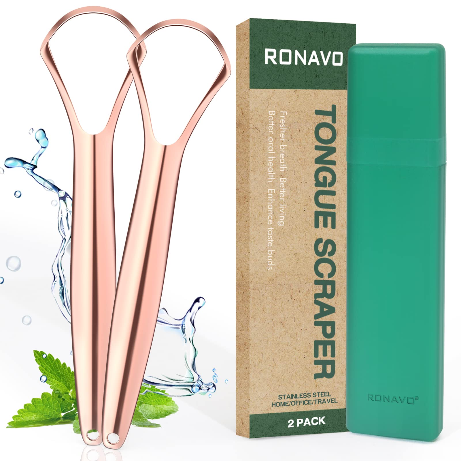 RONAVO Stainless Steel Tongue Scraper for Adults & Women - 2 Pack Metal Tongue Cleaner with Travel Case for Fresh Breath & Oral Hygiene - Perfect for Travel, Home Use & Daily Dental Care Routine