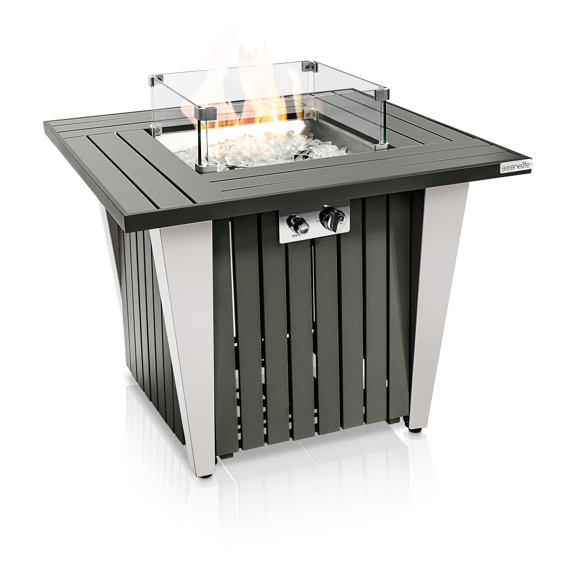 SereneLife Outdoor Propane Fire Pit Table - CSA/ETL Certified 50,000 BTU Square Gas Fire Table with Adjustable Flame, Pulse Ignition & Weatherproof Design - Includes Glass Wind Guard & Fire Glass Rocks - Perfect for Patio, Backyard, Deck & Outdoor Gatherings - SLFPX69
