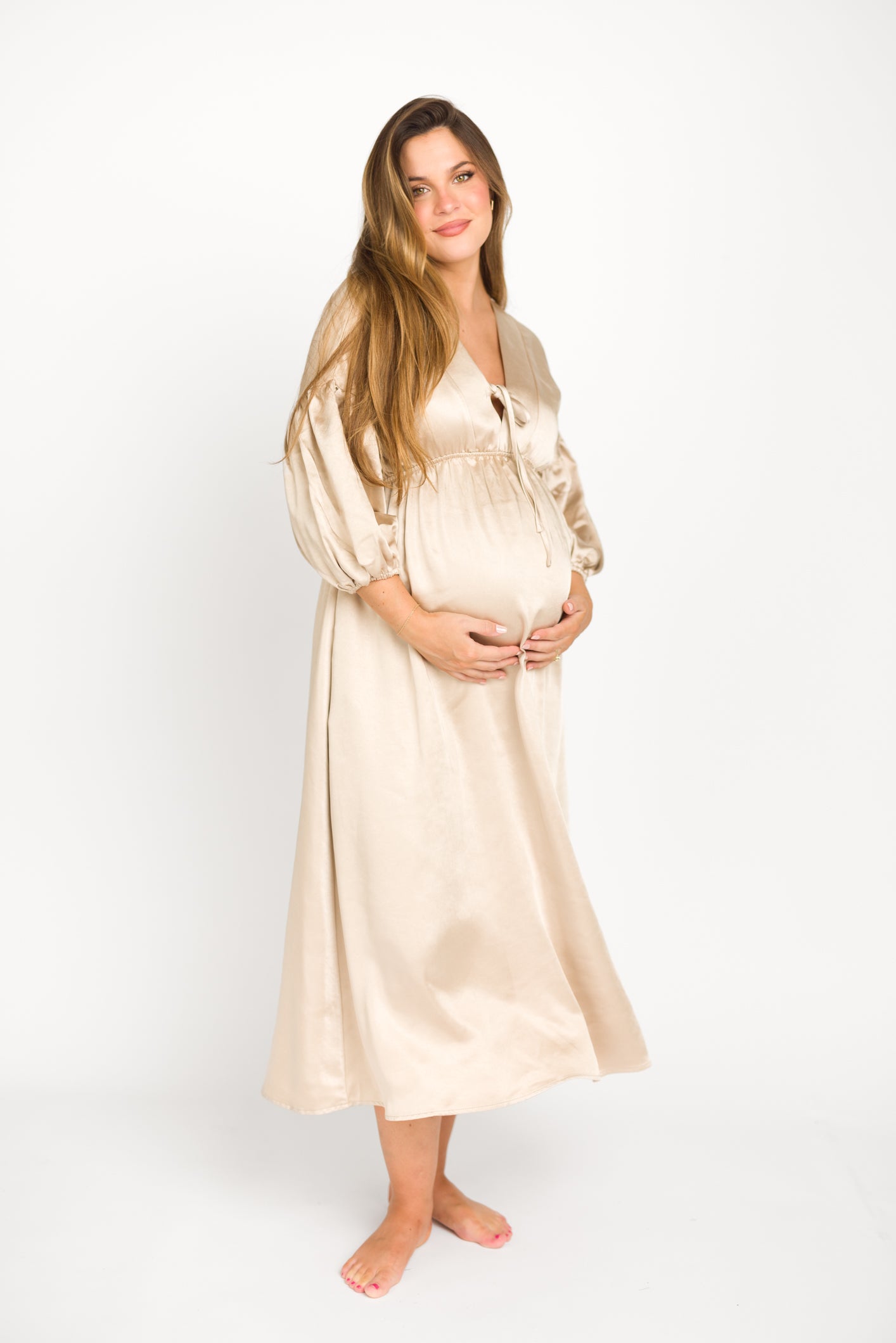Hunter Premium Satin Midi Dress in Champagne - Bump Friendly Maternity Dress for Special Occasions & Pregnancy Photoshoots