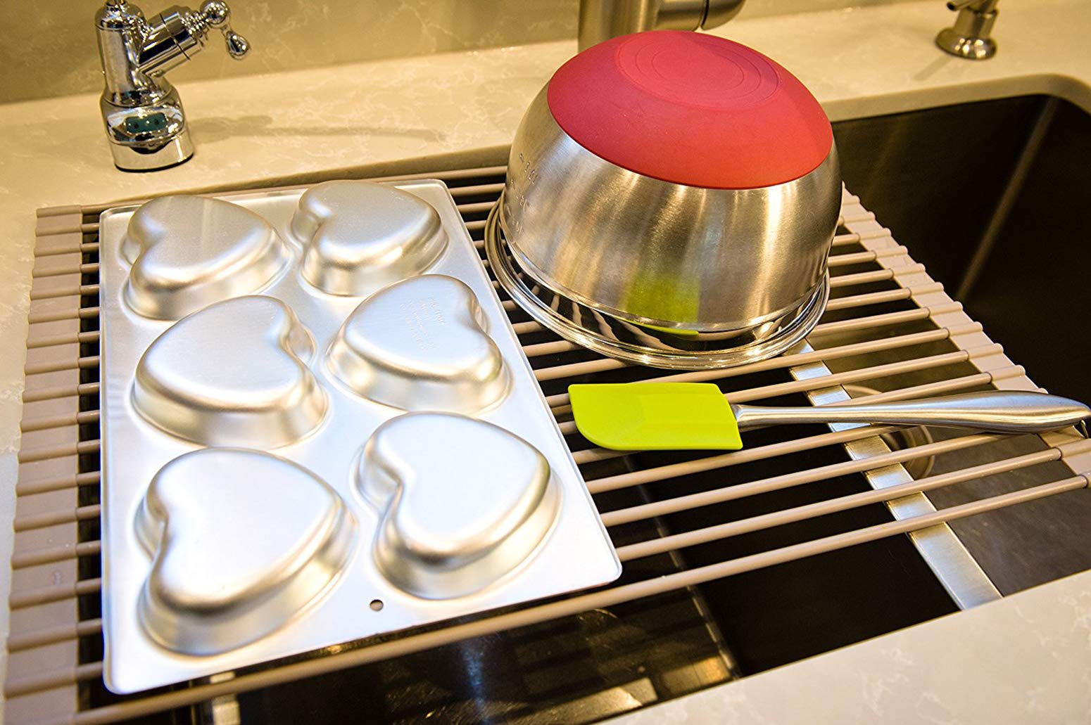 Ahyuan Large Silicone Foldable Dish Drying Rack - Over Sink Dish Drainer with Stainless Steel Core - Space Saving Roll-Up Design (20.5