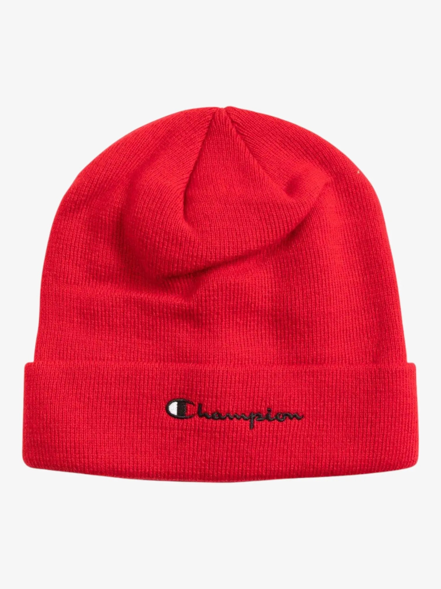Champion Logo Embroidered Beanie - Red Knit Winter Hat for Men & Women - Warm & Stylish Unisex Cuffed Cap for Outdoor Sports & Casual Wear