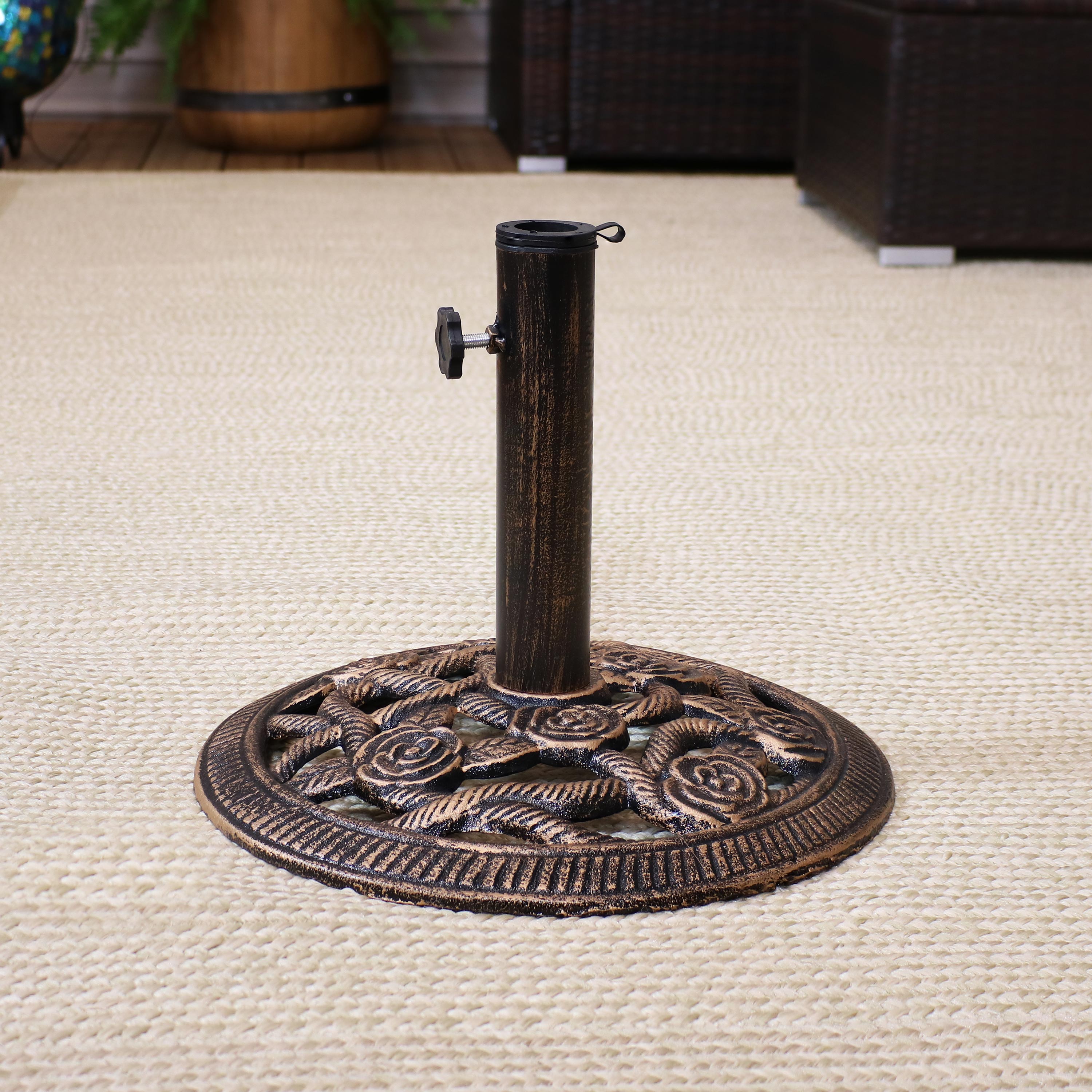Sunnydaze Rose Blossom Cast Iron Patio Umbrella Base - 16 Inch Diameter, Heavy Duty Outdoor Umbrella Stand for Garden, Deck, Poolside & Backyard Use