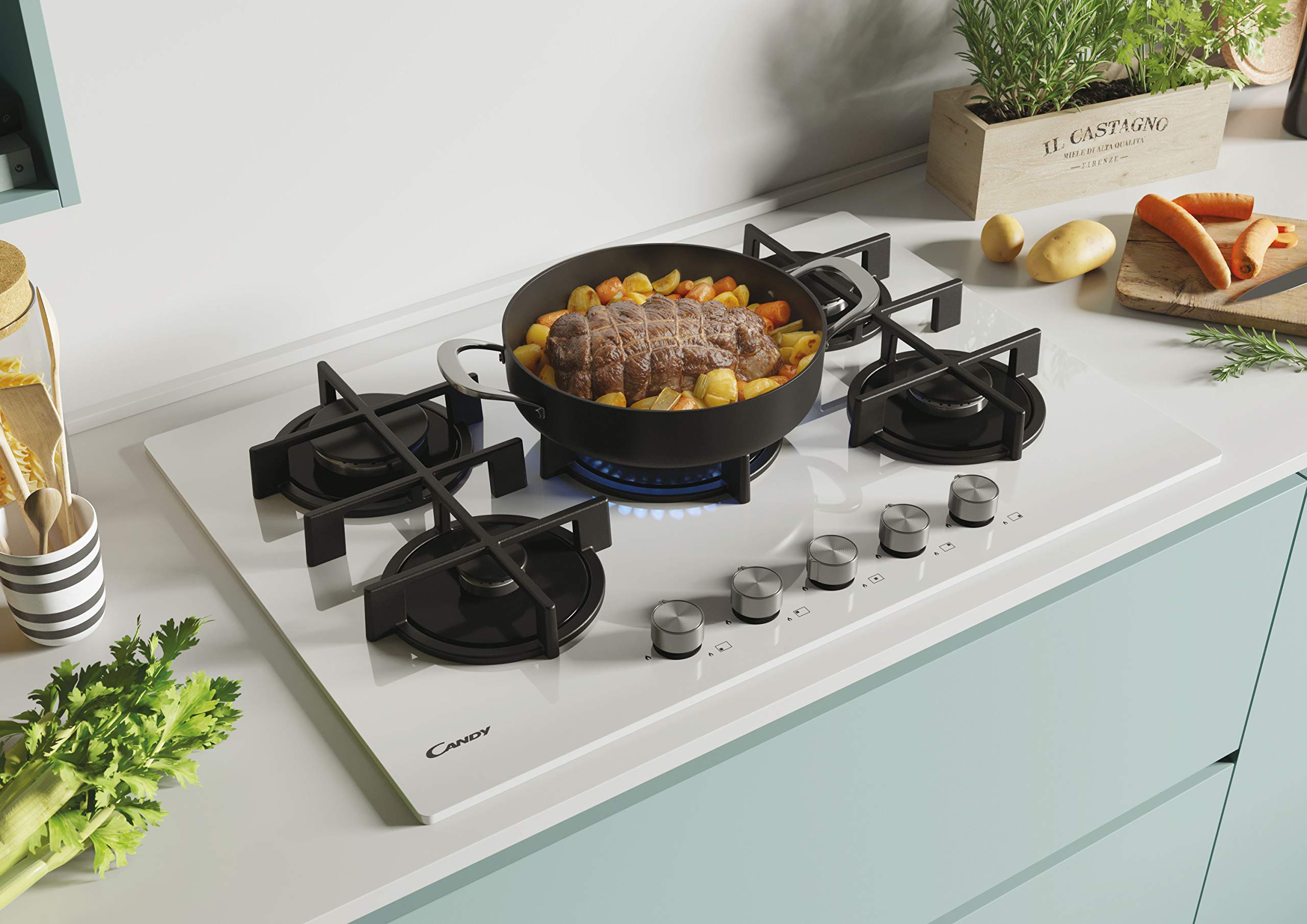 Candy CVG74WPW 5-Burner White Glass Gas Cooktop - Perfect for Modern Kitchens & Home Cooking