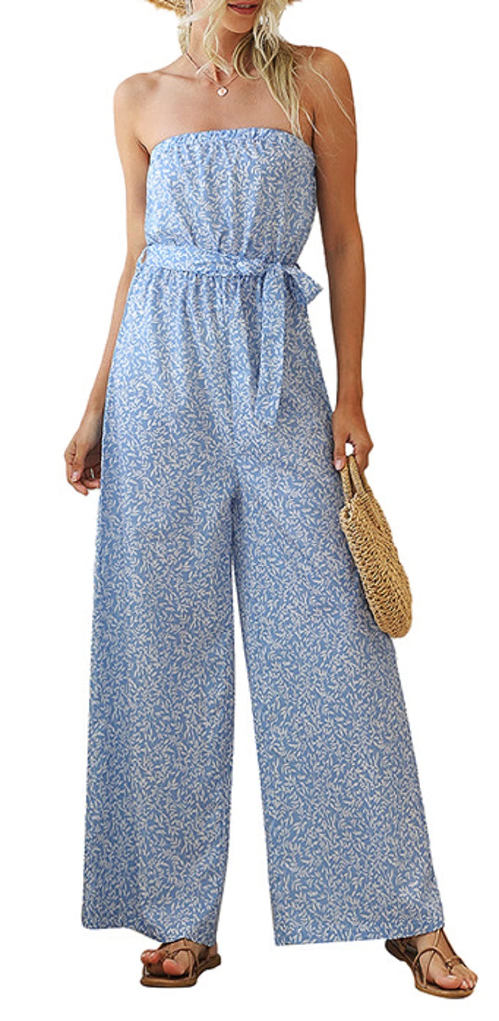 CHARTOU Women's Off The Shoulder Wide Leg Loose Floral Print Belt Bandeau Jumpsuit - Summer Beach Party, Vacation Outfit, Casual Wear, Boho Chic Fashion