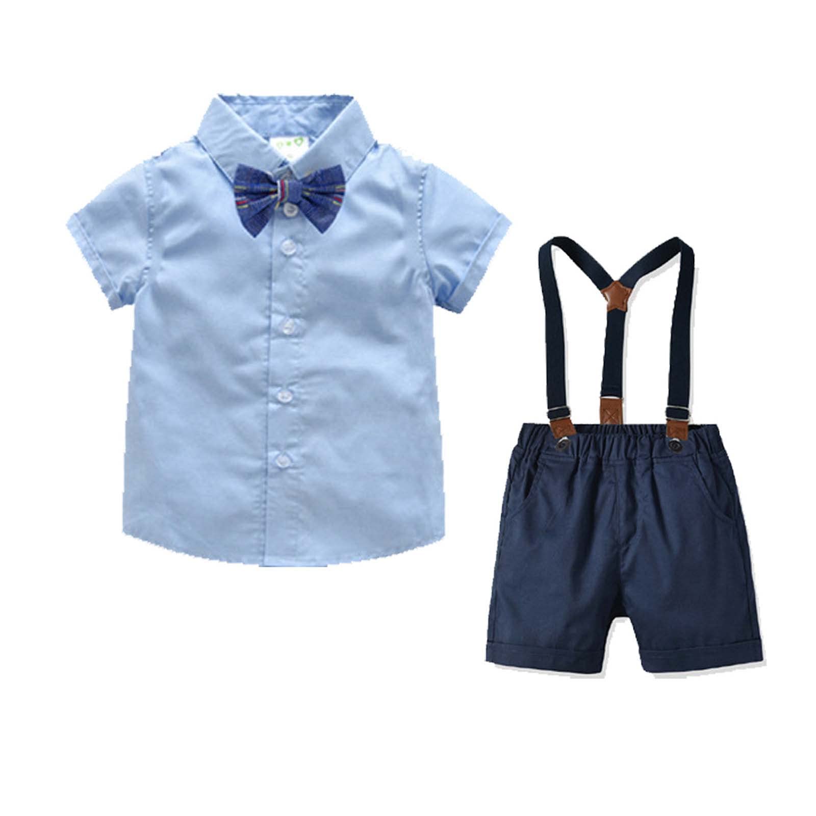 Boys Summer Short Sleeve Top & Bib Shorts 3-Piece Set - Formal Gentlemen's Outfit for Weddings, Parties & Special Occasions