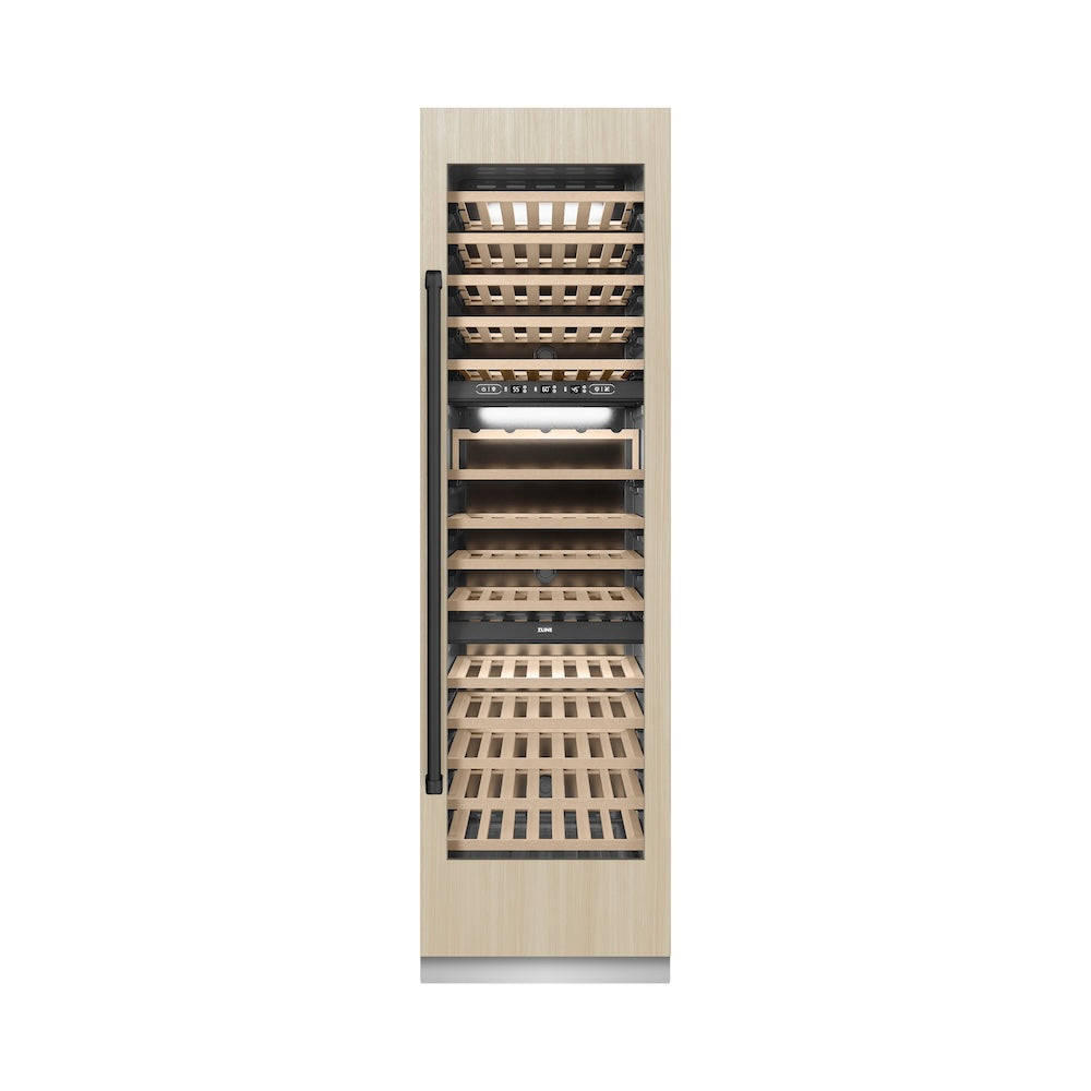 ZLINE Autograph Edition 24 Inch 12.4 cu ft Triple Zone 100 Bottle Panel Ready Column Wine Cooler with Matte Black Accents - Perfect for Home Bars, Restaurants, and Wine Cellars (RBCWVZ 24 MB)