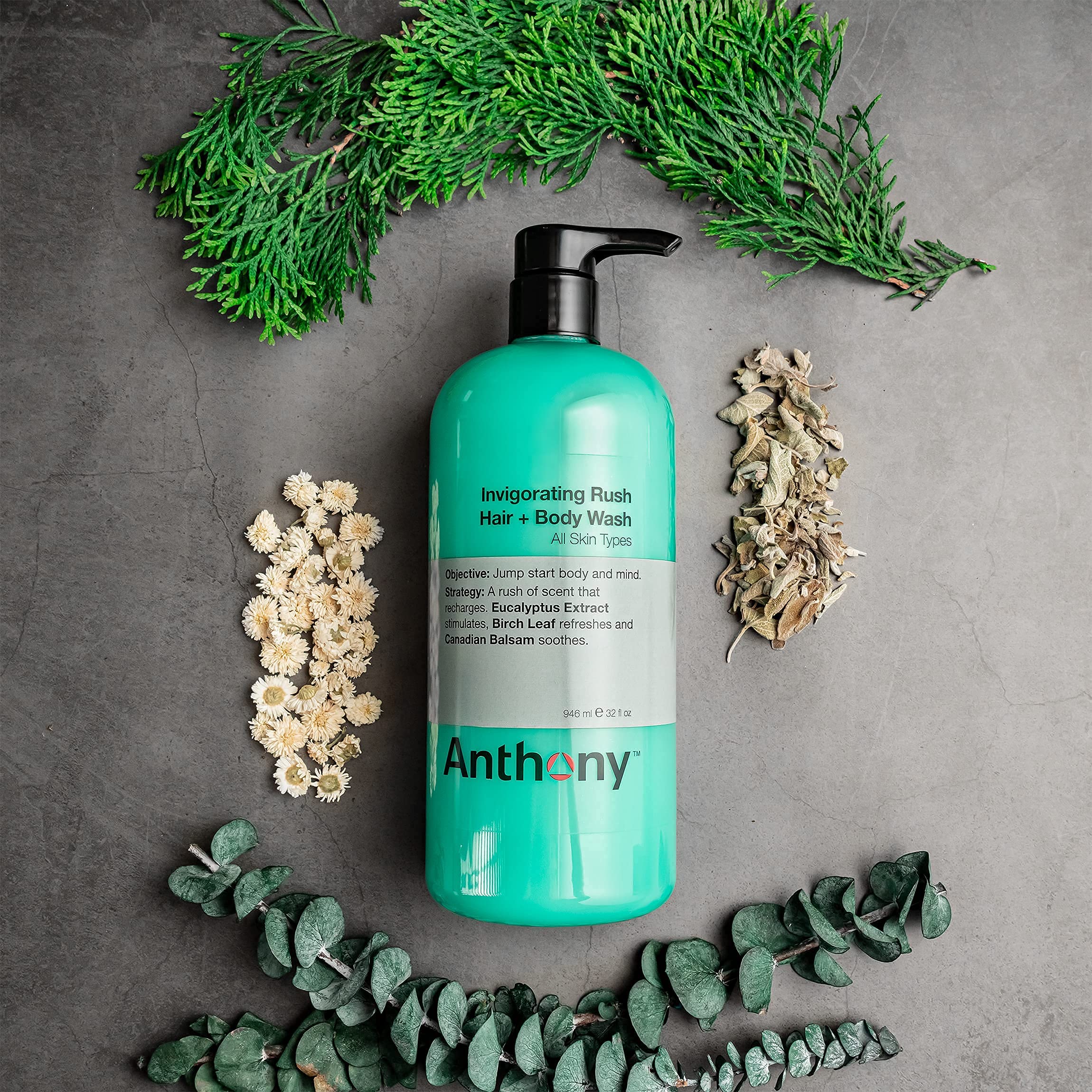 Anthony Invigorating Rush Hair & Body Wash with Blue Sea Kelp - 32 Fl Oz Hydrating Shower Gel for Men & Women - Refreshing Body Scrub for Dry Skin - Perfect for Gym, Post-Workout & Daily Shower Routine