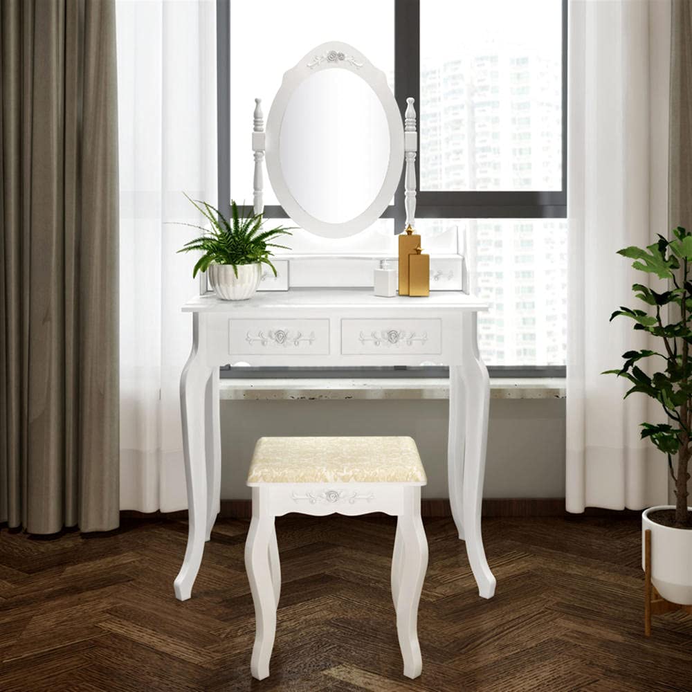 Elegant White Vanity Table Set with 360° Rotating Oval Mirror, 4 Drawers & Cushioned Stool - Wooden Makeup Dressing Table for Women, Perfect for Bedroom & Home Decor (Vanity Desk with Bench Included) - Ideal for Makeup Application, Skincare Routine & Getting Ready in Style