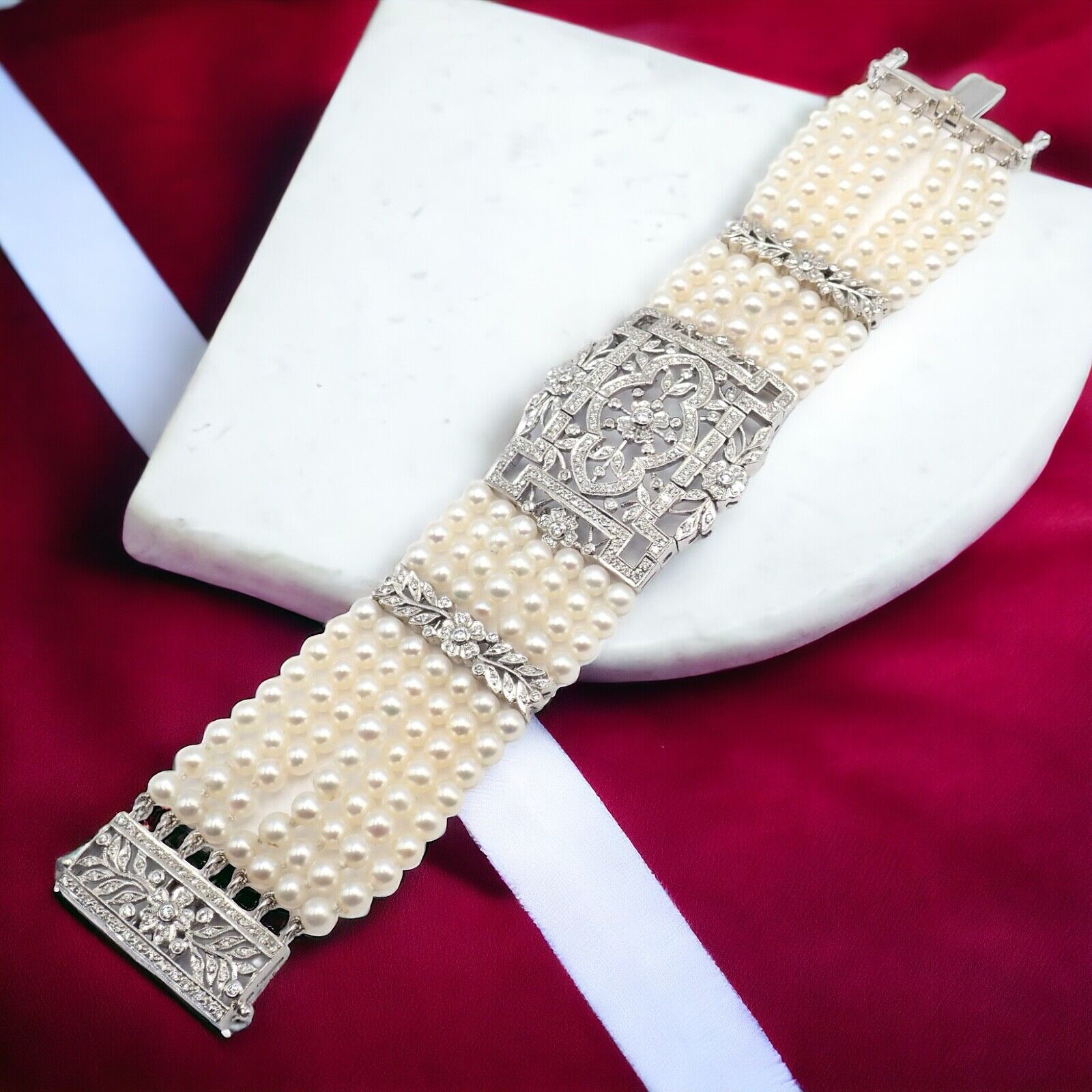 Vintage 18k White Gold Diamond & Pearl Bracelet - 7 Rows 4.5mm Pearls, Elegant Estate Jewelry for Women - Perfect for Weddings, Anniversaries & Special Occasions