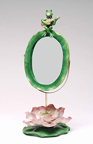 Cosmos Gifts Frog Playing Guitar on Lily Pad Vanity Mirror with Pink Water Lily Design - 15.5 Inch Tall Decorative Figurine for Bathroom, Bedroom & Home Decor