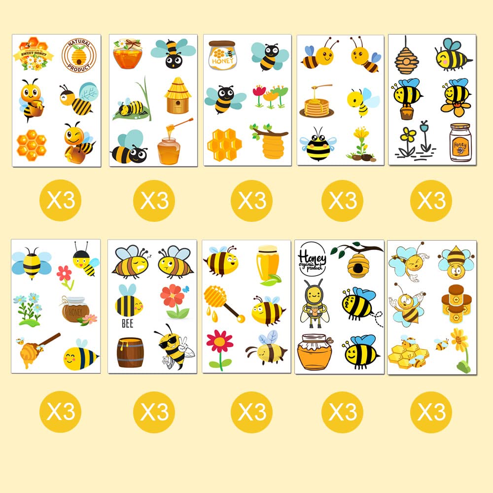 Bumble Bee Temporary Tattoos 180Pcs - Fun Party Favors for Bee Themed Birthday Decorations (30 Sheets) | Kids Birthday Party Supplies, Baby Shower Favors, Classroom Rewards