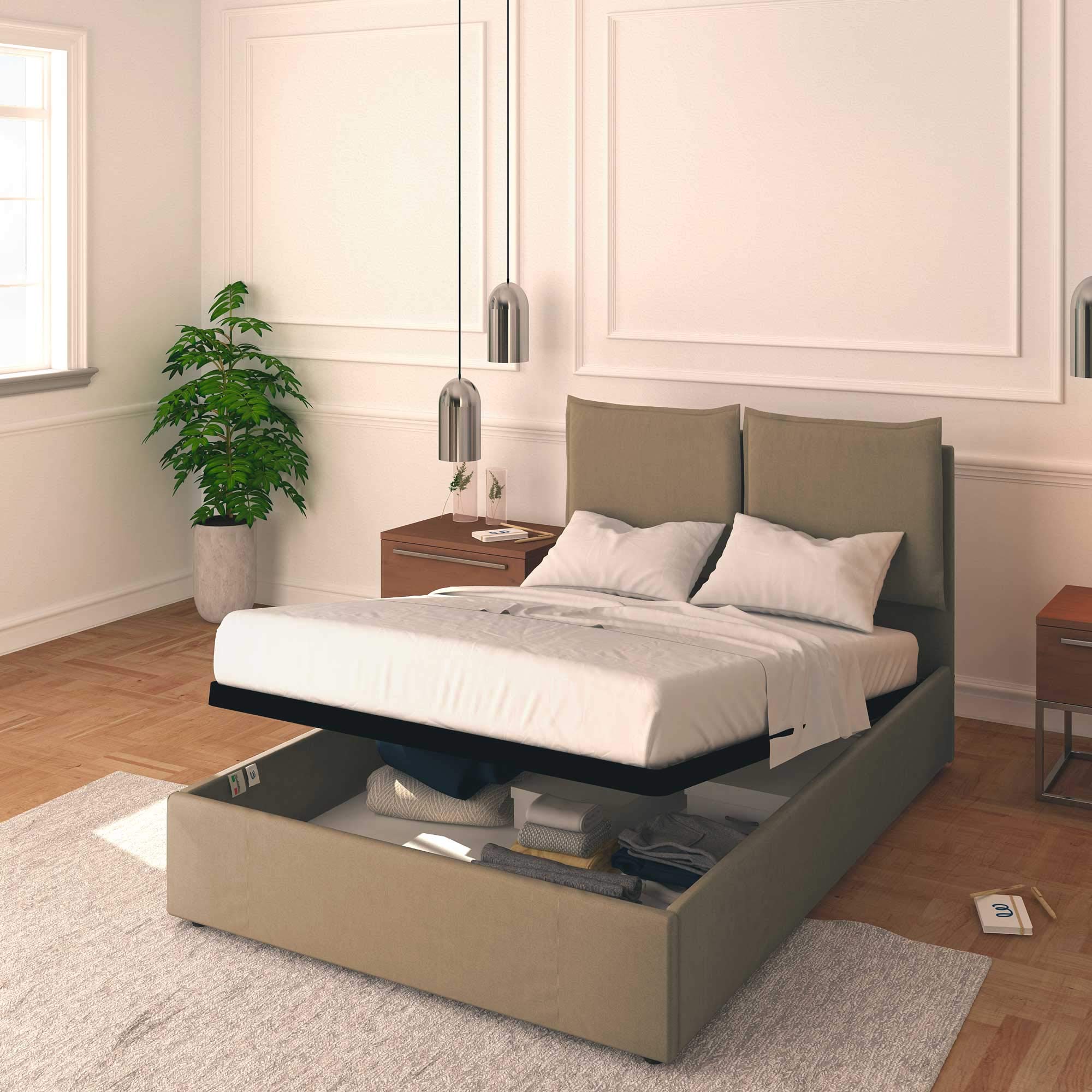 Baldiflex Licia Queen Size Storage Bed with Upholstered Headboard - Synthetic Leather, Slatted Base for 140x200cm Mattress, Taupe Color - Perfect for Master Bedroom & Guest Room