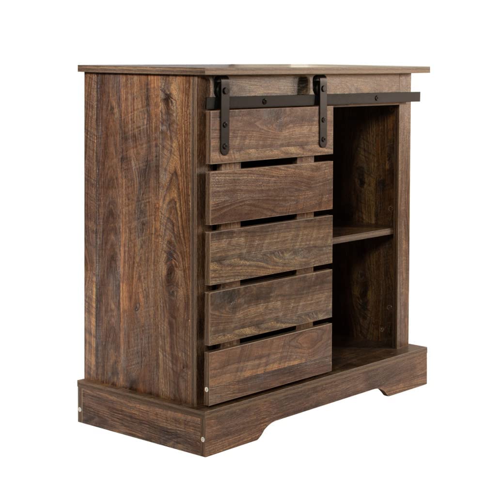 Modern Farmhouse Buffet Sideboard Cabinet with Storage Shelves & Sliding Barn Door - Solid Wood Entryway Storage Cabinet for Dining Room, Kitchen & Living Room - Rustic Brown Home Decor Organizer