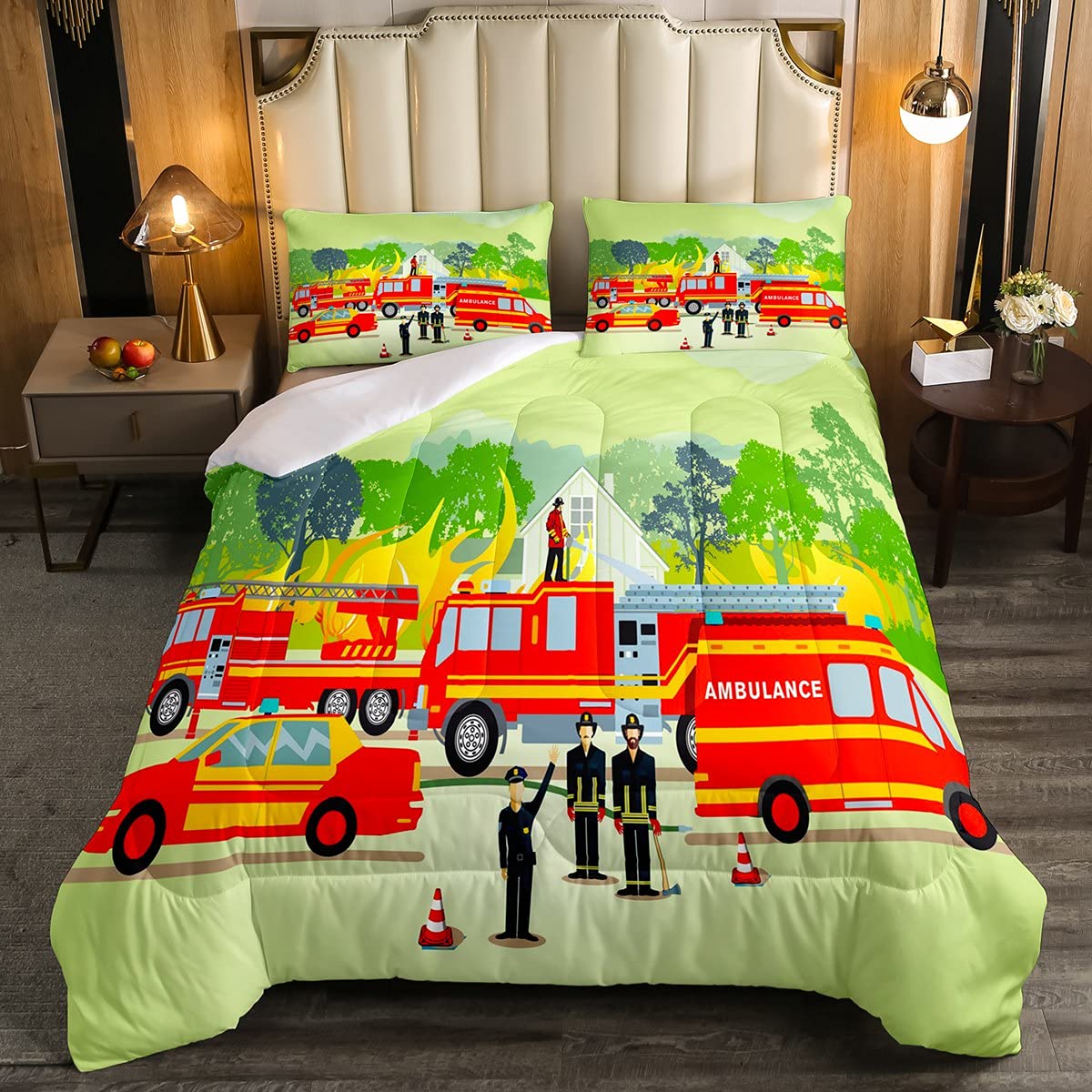 **Fire Truck Comforter Set for Kids & Teens - Full Size Cartoon Fire Engine Bedding with Duvet Cover & Quilt - Boys Room Decor for Firemen Theme Bedroom**    *(Perfect for kids' bedrooms, themed parties, or cozy fire truck-inspired decor!)*