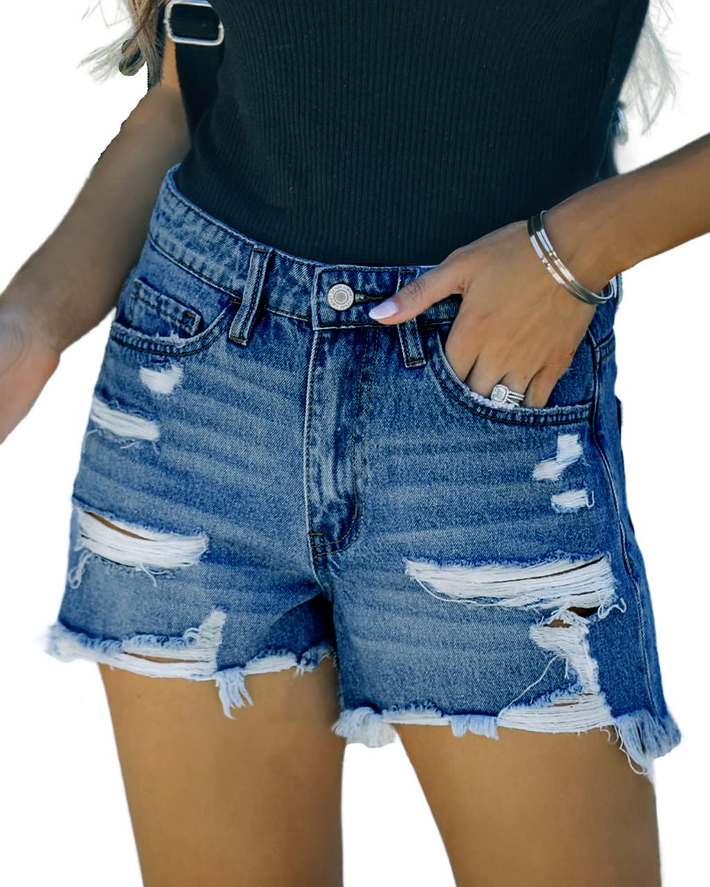 Women's Ripped Denim Shorts - Mid Rise Raw Hem Distressed Jean Shorts for Summer | Casual Streetwear & Beach Outfits