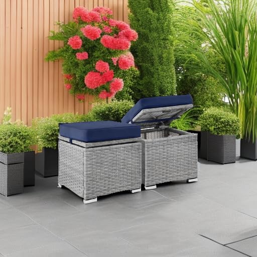 Best Choice Products Set of 2 Wicker Storage Ottomans - Gray/Navy, Multipurpose Outdoor Furniture for Patio, Backyard, Garden | Extra Seating, Footrest, Side Table with Removable Cushions | Perfect for Outdoor Relaxation, Entertaining Guests & Small Space Storage