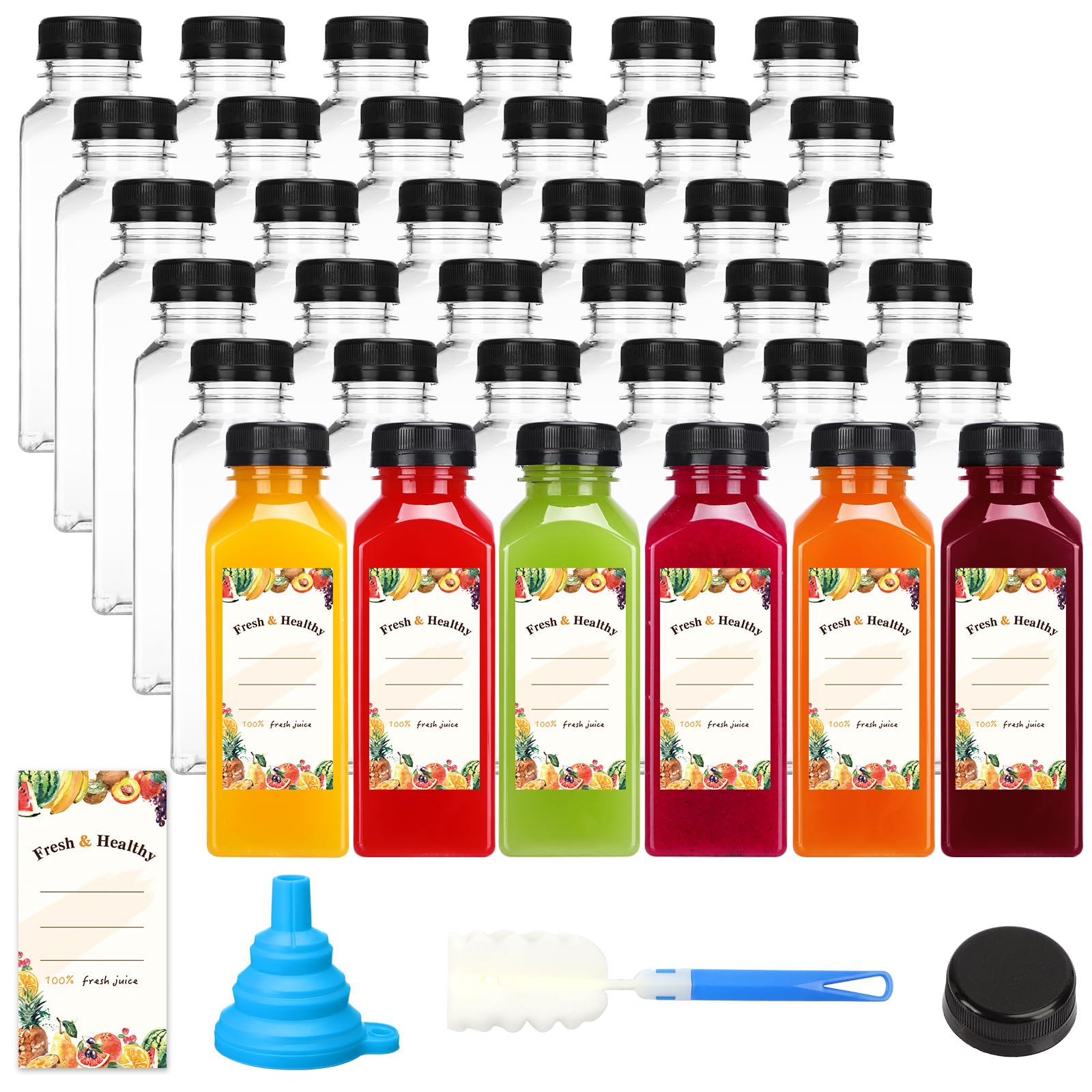 Moretoes 128-Pack 12oz Plastic Juice Bottles with Lids - Reusable Drink Containers for Juicing, Smoothies, Coffee, Tea & Beverages - Perfect for Home, Office, Gym & Meal Prep