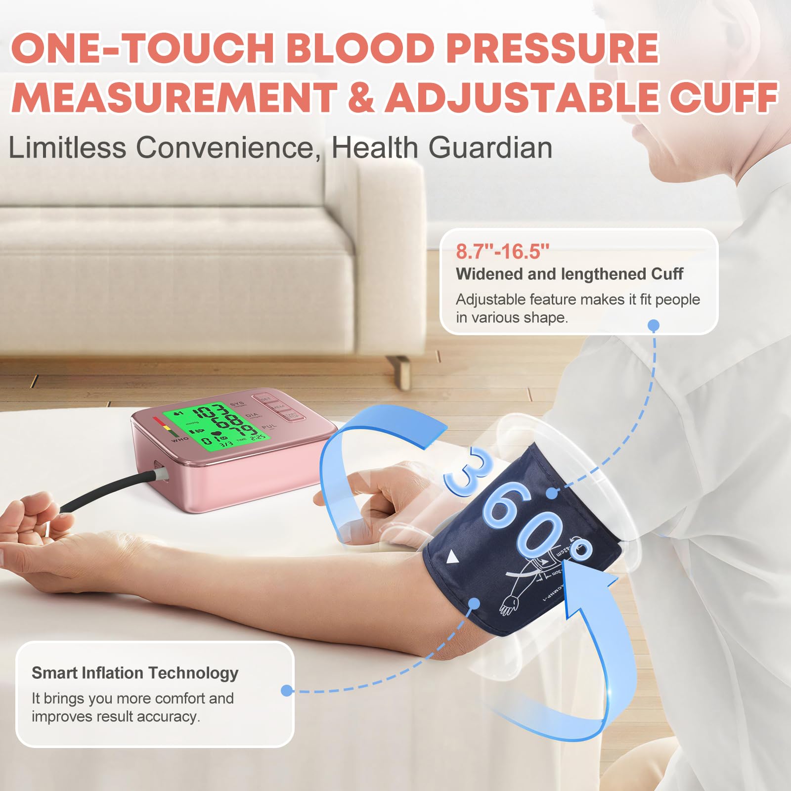 Automatic Blood Pressure Monitor for Home Use - Upper Arm BP Cuff Machine with Adjustable 8.7”-16.5” Cuff, 180 Memory Storage, Digital Display (Pink & Blue Options) - Perfect for Daily Health Tracking & Doctor Visits