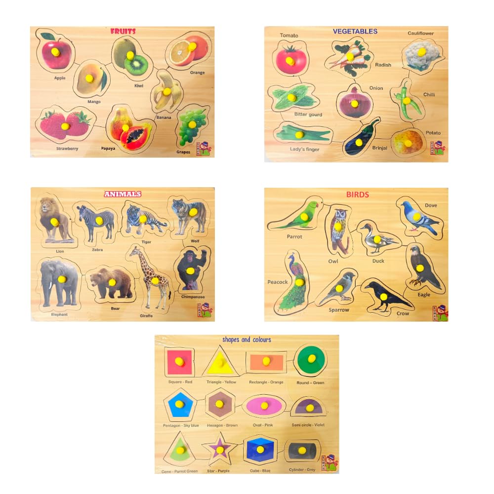 5-Piece Wooden Learning Puzzle Set for Kids & Adults - Shapes, Vegetables, Wild Animals, Birds, Fruits - Educational Wooden Toys for Toddlers 3+ Years - Perfect for Early Childhood Development & Family Game Night