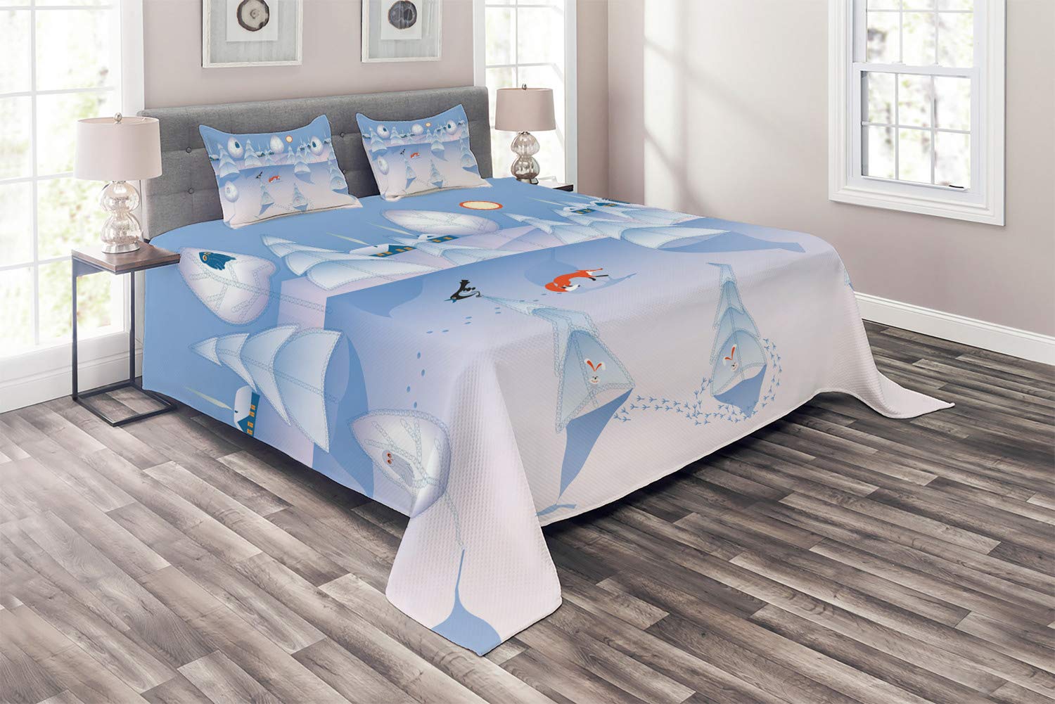 Ambesonne 3-Piece King Size Quilted Bedspread Set with 2 Pillow Shams - Winter Woodland Scene with Owl, Fox & Bunnies Cartoon Design, Multicolor - Cozy Bedroom Decor for Winter Season