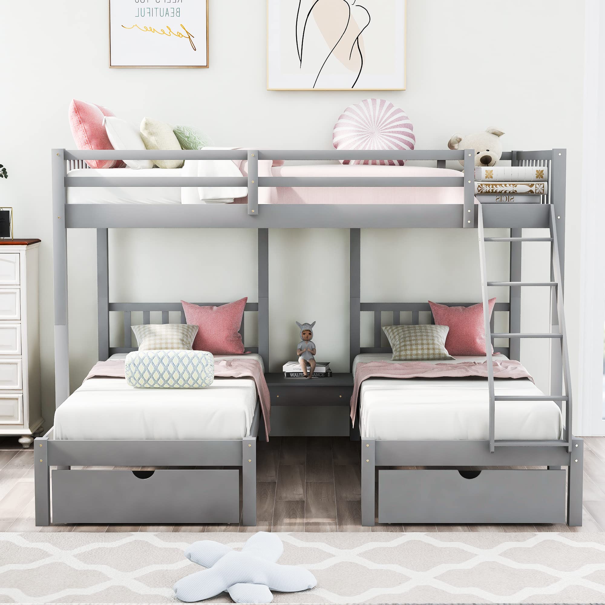 Merax Wooden Triple Bunk Bed with Storage Drawers for Kids Bedroom - Grey