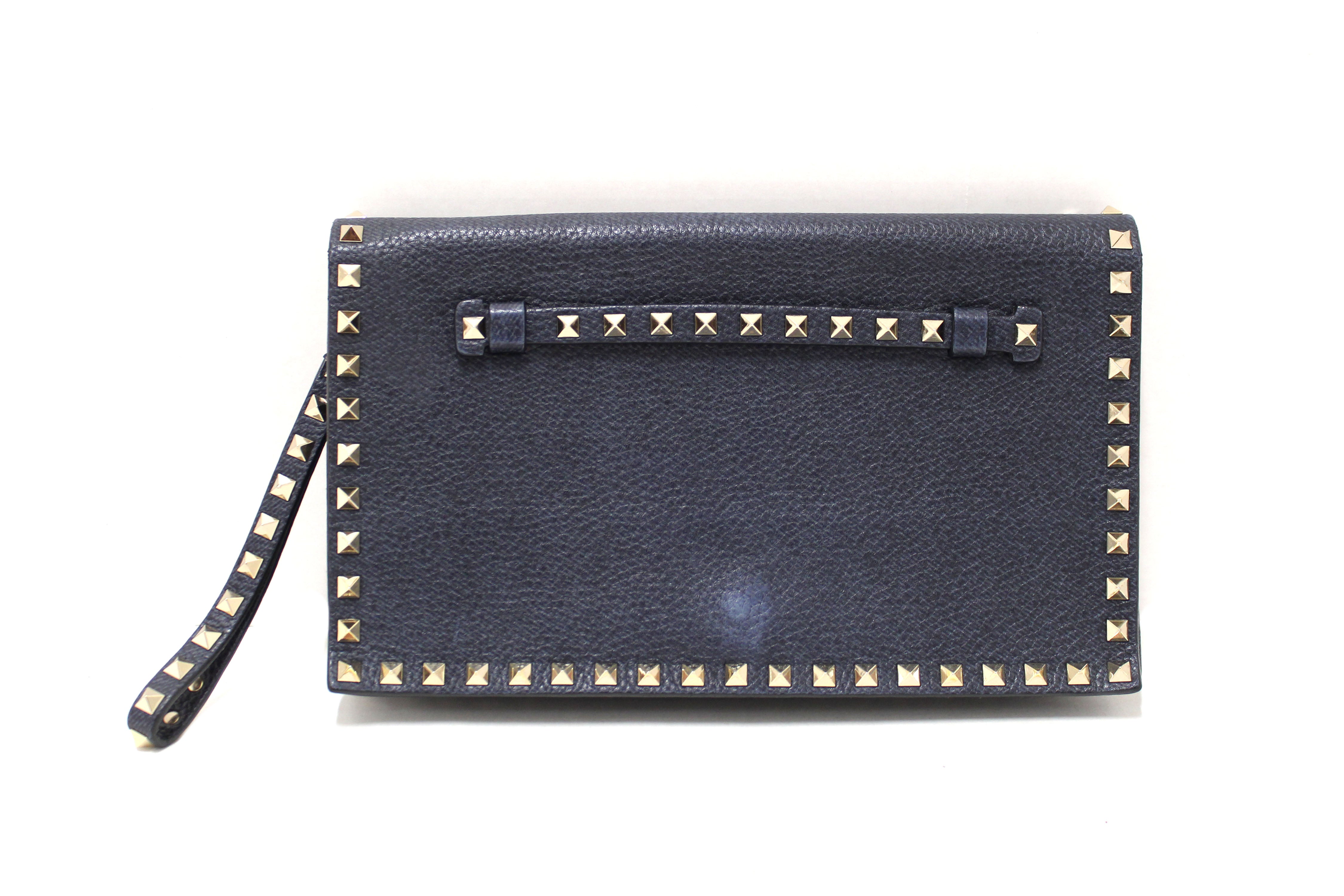 Authentic Valentino Garavani Rockstud Blue Grainy Calfskin Leather Wristlet Flap Clutch Bag for Women | Evening Party, Wedding & Special Occasion Accessory
